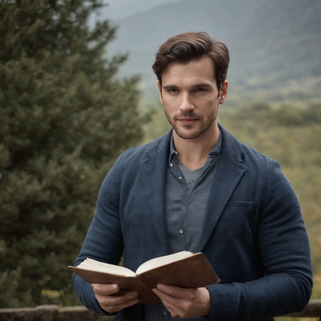 Homem, Holding a journal, olhando para frente, retrato, infeliz