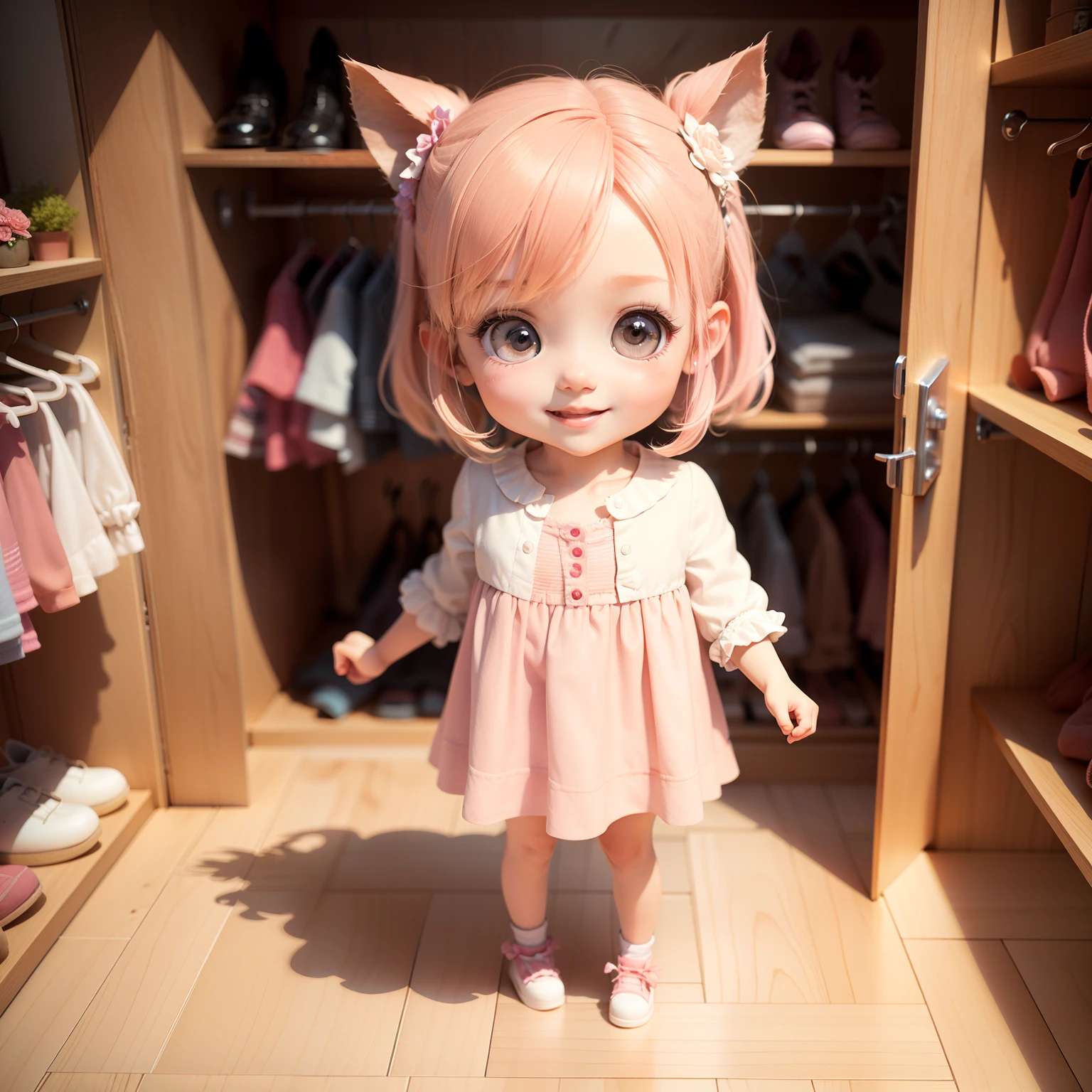 Cute Baby Chibi Anime,(((Chibi 3D))) (Best Quality) (Master Price)、fashion modell、Chibi Walk-in Closet、Open your mouth and smile、A detailed face、Standing