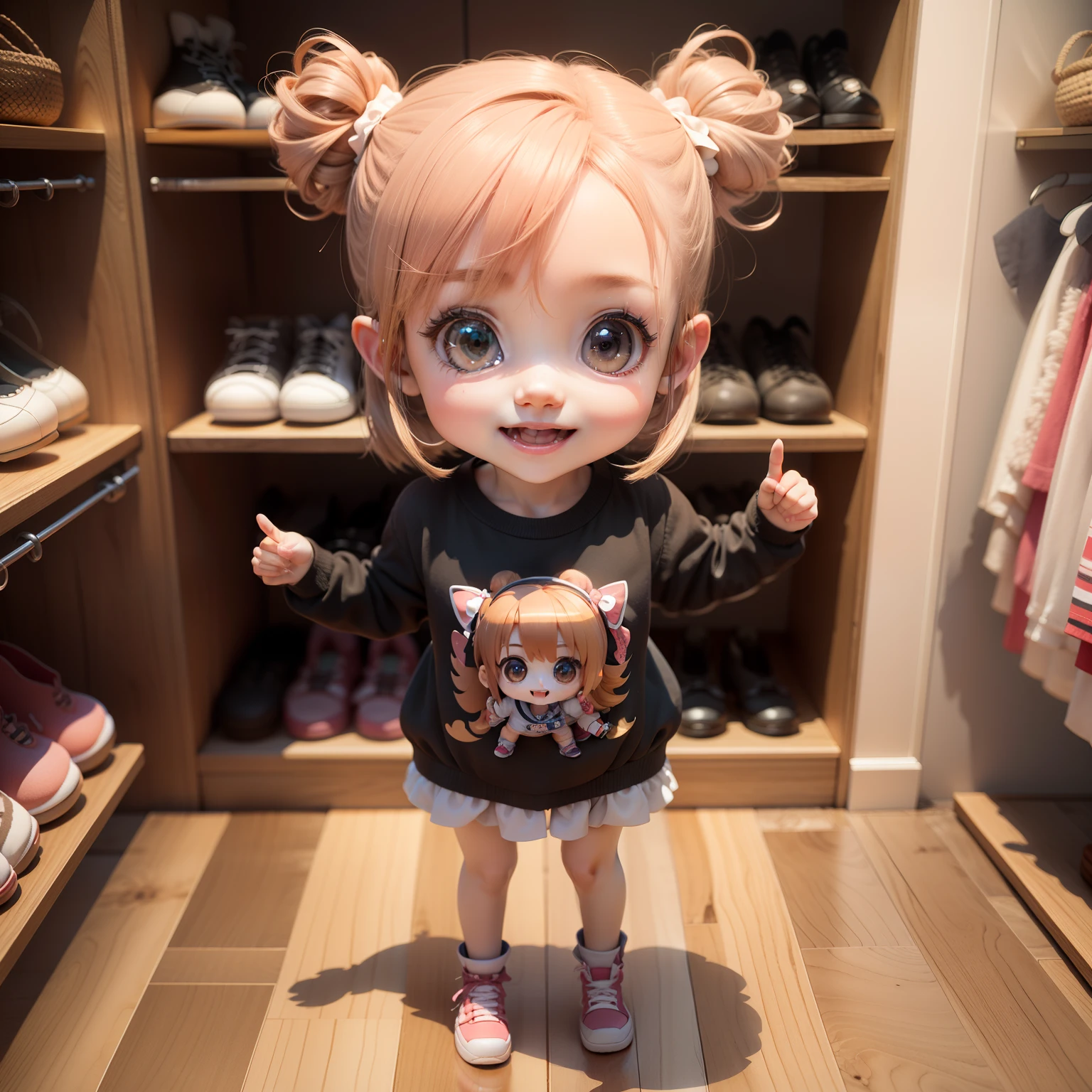Cute Chibi Anime,(((Chibi 3D))) (Best Quality) (Master Price)、fashion modell、Chibi Walk-in Closet、Open your mouth and smile、A detailed face、Standing