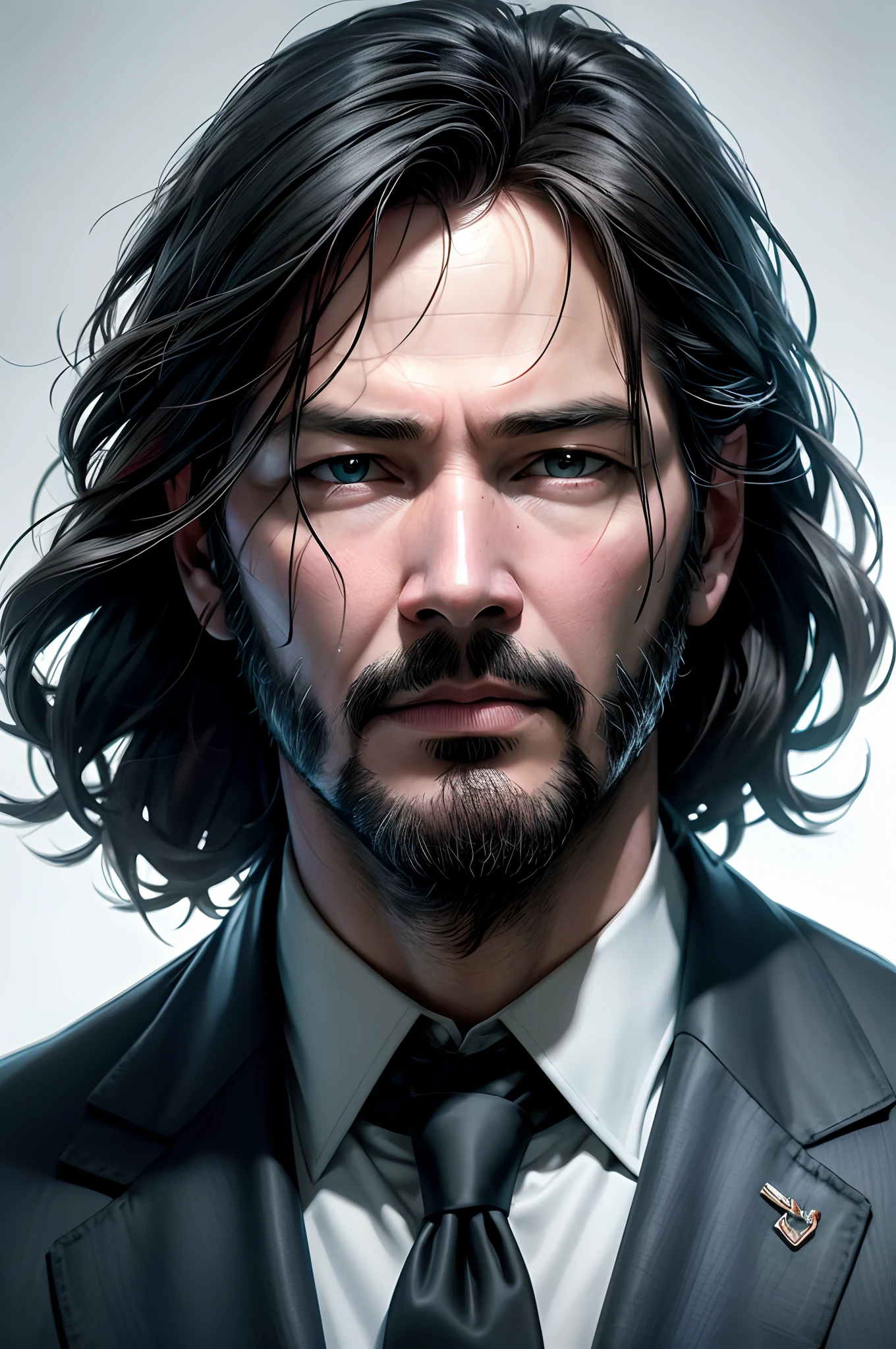 (masterpiece:1.2, Highest quality),8K,wallpaper,((watercolor)),Middle-aged man painting,Keanu Reeves,John Wick style,Upper body close-up,front,Jacket,T-Shirts,Detailed face,,Cool guy