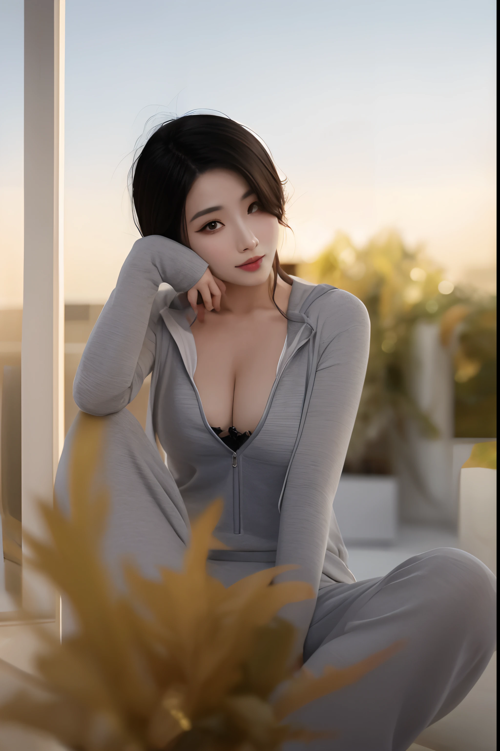 Araved woman sitting on the windowsill，hands on head, beautiful Korean women, cute girl wearing tank suit, wearing tight suit, Gorgeous young Korean woman, Beautiful Asian girl, gorgeous chinese models, Sexy girl, Wearing track suit, smooth white tight clothes suit, Korean girl, Asian girl, Open V chest clothes, Beautiful asian woman,ssmile，Eye light，Look ahead