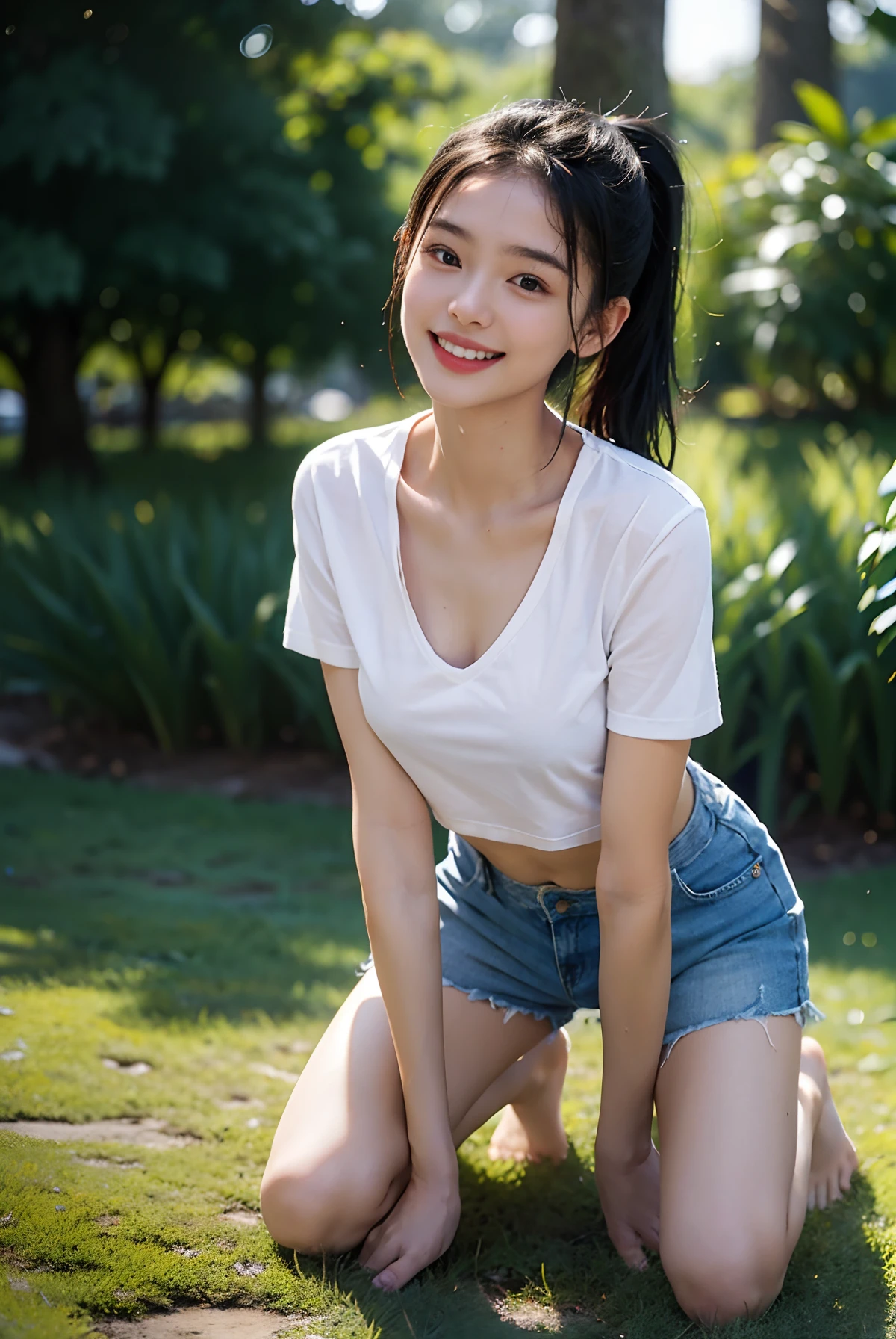 masterpiece, highest quality, 8K, , RAW photo, award-winning portraits, alone, noon, idol face,whole body,violaces, delicate girl, whole body, Completely naked、Digital single-lens reflex camera, looking at the viewer, shy smile、shame、flushed cheeks、thin arms, small breasts, nipple, small ass、thin waist、Frank, Sophisticated, like々New, thin arms, professional lighting, film grain, black eyes,chromatic aberration, (detailed eyes and face:1.0), (Bokeh:1.1),(hyper pretty face:1.2),(short sleeve shirts:1.3),(denim mini skirts:1.3),(public hair, pussy:1.3), looking at the viewer,(cute girl crouching down in the park:1.3),(spread legs:1.2),skirt lift, angle from the front, looking at the viewer