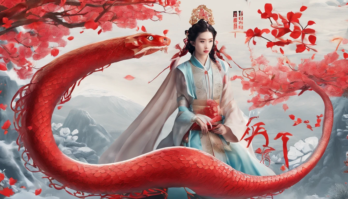 In Merlin,Falling petals and snow are the background,Bright lighting,The zodiac snake is the subject,A red snake,Round head,Red scales,Wearing accessories from the Tang Dynasty,Red firecrackers,Chinese knot