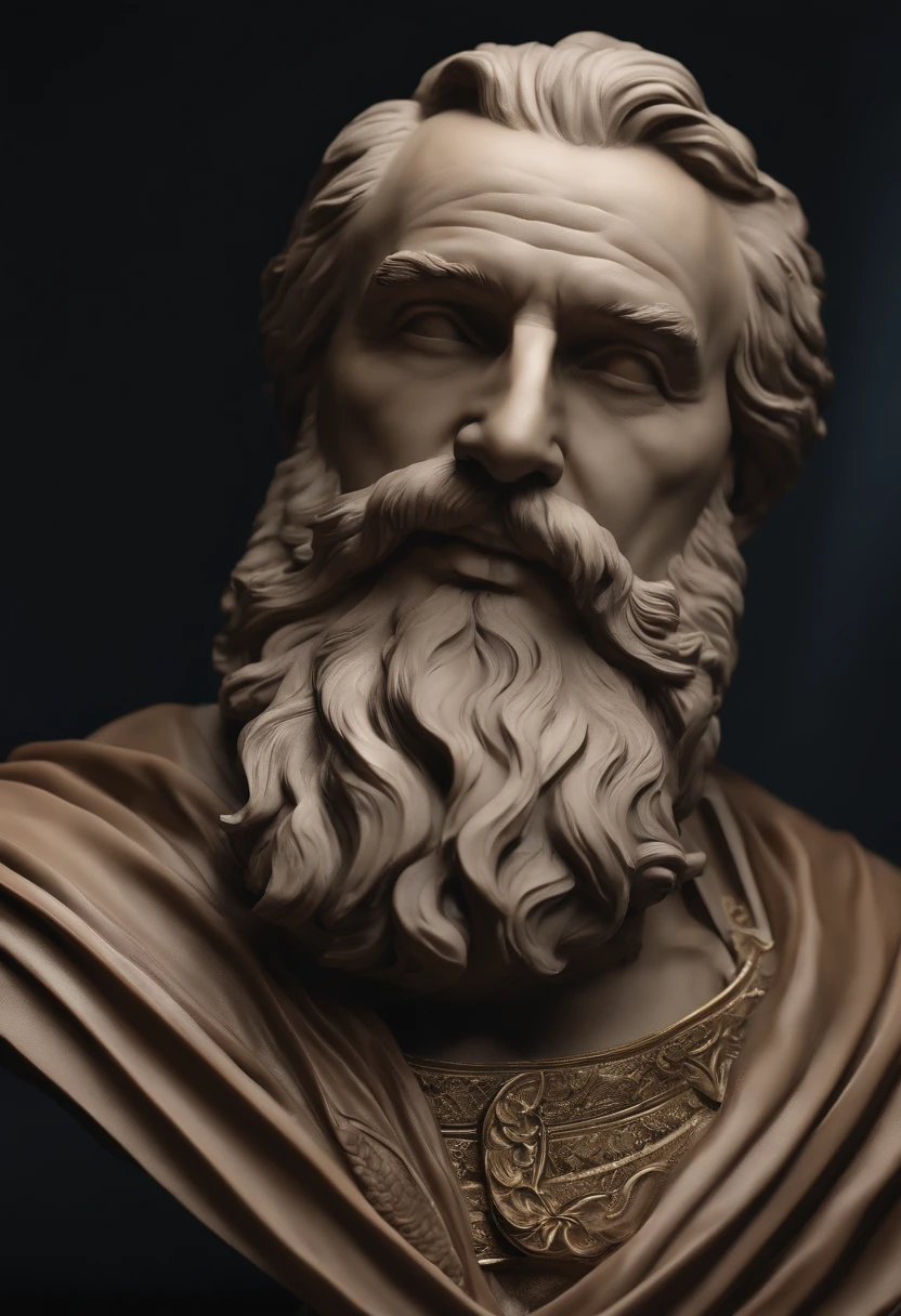 a close up of a bust of a man with a beard, cinematic bust portrait, realistic 8k bernini sculpture, cinematic bust shot, highly detailed sculpture, cinematic close-up bust shot, greco roman statue, roman emperor, bust portrait, high detail iconic character, bust with intricate details, zbrush art, bust with a beautiful neck, bust