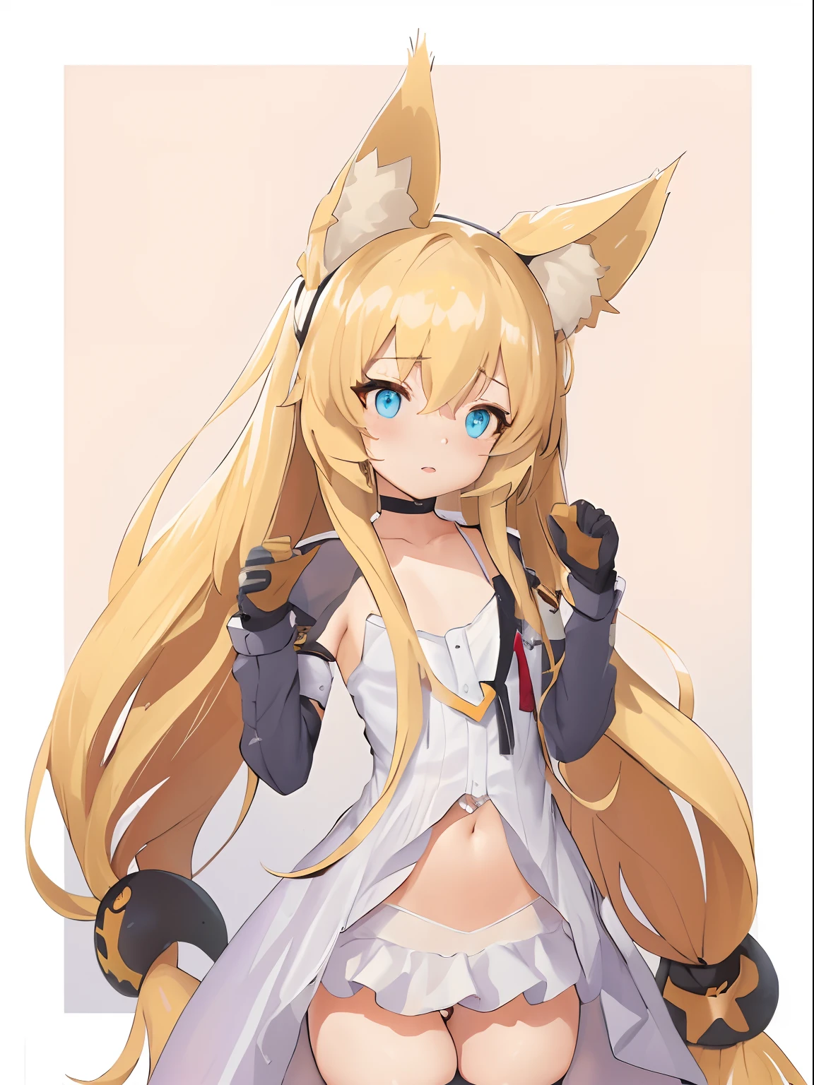 g41_(girls'_frontline), girls'_frontline, absurdly long hair, animal ears, asymmetrical legwear, blonde hair, blue eyes, cat ears, gloves, long hair, low-tied long hair, mismatched legwear, panties, shirt, thighhighs, twintails, underwear, very long hair, white panties, white shirt, white thighhighs