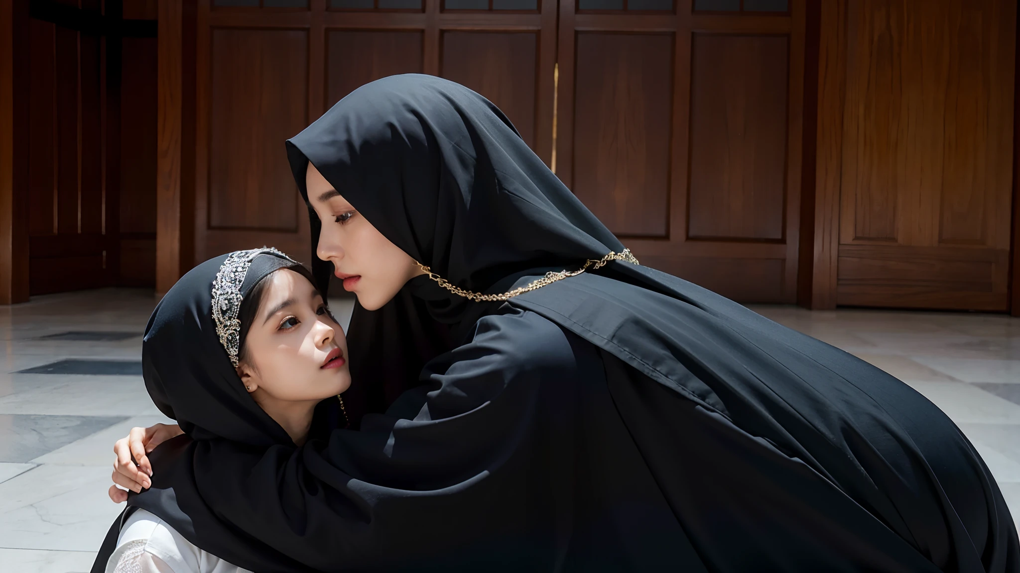 （Tomboyish,Small head)， (perfect bodies: 1.1),(short-length straighthair: 1.2), Black hair,（极其细致的CG 8k壁纸），（Extremely refined and beautiful），（tmasterpiece），（best qualtiy：1.0），（超高分辨率：1.0），Upper body，Group photo of two people，[A high resolution]，Smooth and flawless fair skin，ultra - detailed ，A 24-year-old mother and a 6-year-old daughter，Embrace each other，Elongated legs，Big chest，（Rounded figure：1.5），Wearing an Arabic turban and veil，Face covered by black veil，Gorgeous Abaya，In front of a large mosque，Kneel upright，from the front side，Close-up， In meditation，Kindly