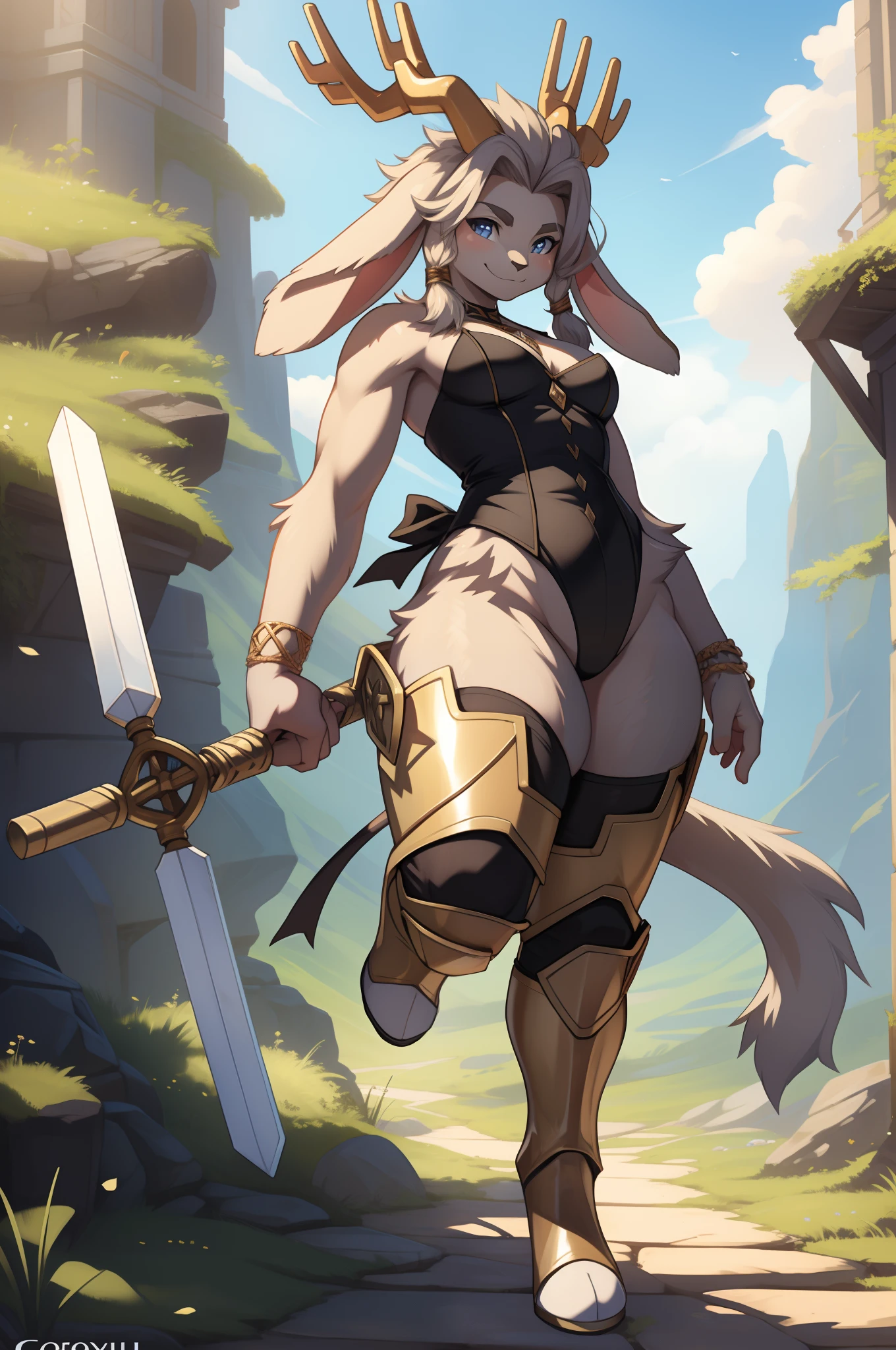 sybil,jackalope, antlers, sexy pose, tail,grey fur, lagomorph, a beautiful and detailed masterpiece, honovy hioshiru personalami,((bangs)),((floppy ears)), outside, national park,smile, jewelry, bracelets, ((thick thighs)) cute, ite,solo,hair,athletic,sexy,looking at viewer, weapon, , leg armor, greaves, feet, holding weapon black cloths, corsept, medium breast,leotard