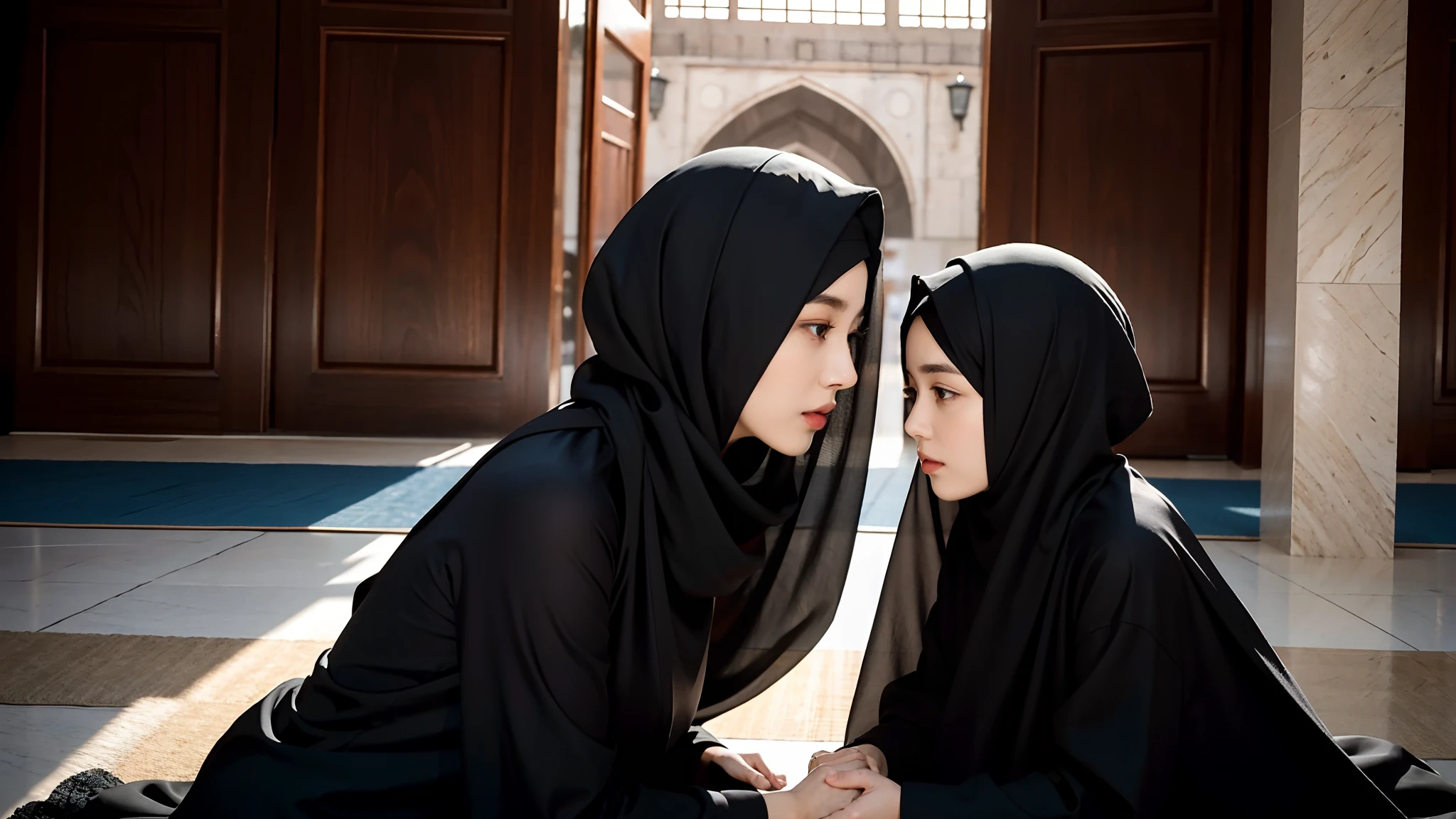 （Tomboyish,Small head)， (perfect bodies: 1.1),(short-length straighthair: 1.2), Black hair,（极其细致的CG 8k壁纸），（Extremely refined and beautiful），（tmasterpiece），（best qualtiy：1.0），（超高分辨率：1.0），Upper body，Group photo of two people，[A high resolution]，Smooth and flawless fair skin，ultra - detailed ，A 24-year-old mother and a 6-year-old daughter，Embrace each other，Elongated legs，Big chest，（Rounded figure：1.5），Wearing an Arabic turban and veil，Face covered by black veil，Gorgeous Abaya，In front of a large mosque，Kneel upright，from the front side，Close-up， In meditation，Kindly