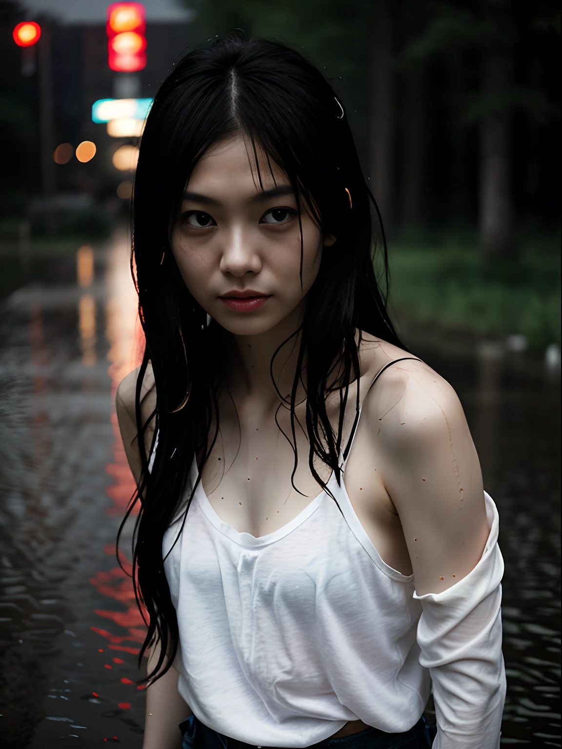Best picture quality, tmasterpiece, 超高分辨率, photore,, 1 rapariga,(grieves),Torn white shirt, Dimly lit, darkly, be desperate, pitying, cute little, cinematic ligh, Tears, tear drop, , (wetclothes:1.2), exposed bare shoulders, Real rain, Wet hair,Medium shot