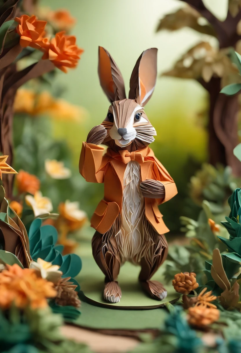 Paper quilling Peter Rabbit in the forest,Multidimensional origami stitch style illustration,Paper seam style little monkey