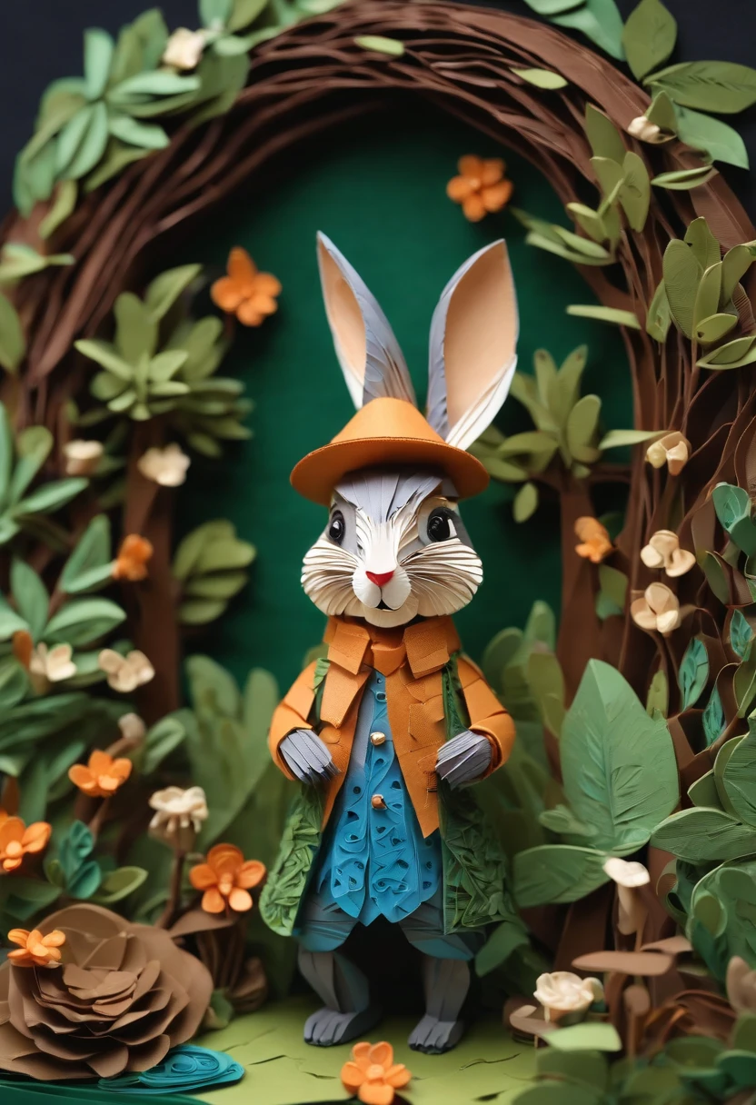 Paper quilling Peter Rabbit in the forest,Multidimensional origami stitch style illustration,Paper seam style little monkey