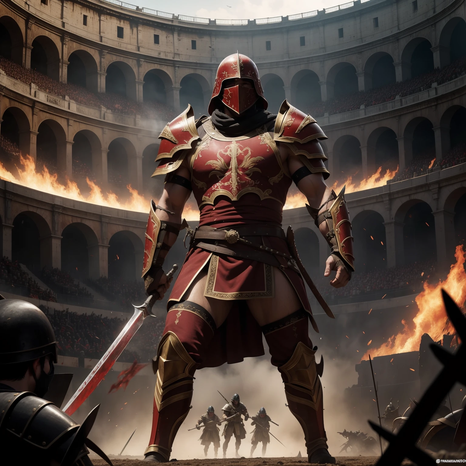 In the heart of the colossal Roman Colosseum, Un poderoso emperador vestido de brillo, La armadura rojo sangre se mantiene erguida, His face a mask of fierce determination. Su espada, brillando como una serpiente mortal, se eleva alto, Ready to attack with lethal precision.
In front of him is a formidable opponent, bulging muscles, cubierto de cicatrices de batalla. Sus armas chocan con un rugido ensordecedor, enviando chispas volando en todas direcciones. La arena tiembla bajo sus pies mientras se involucran en una lucha de vida o muerte.
La multitud rugiente, their voices a thunderous cacophony, se suma al caos y la intensidad de la escena. Air is thick with tension, and the floor of the arena is stained with the blood of countless battles. El sol ardiente se pone en el fondo, casting long shadows and bathing the combatants in a mystery, Crimson light, symbolizing the brutality and drama of this epic clash of the titans. fantasy art