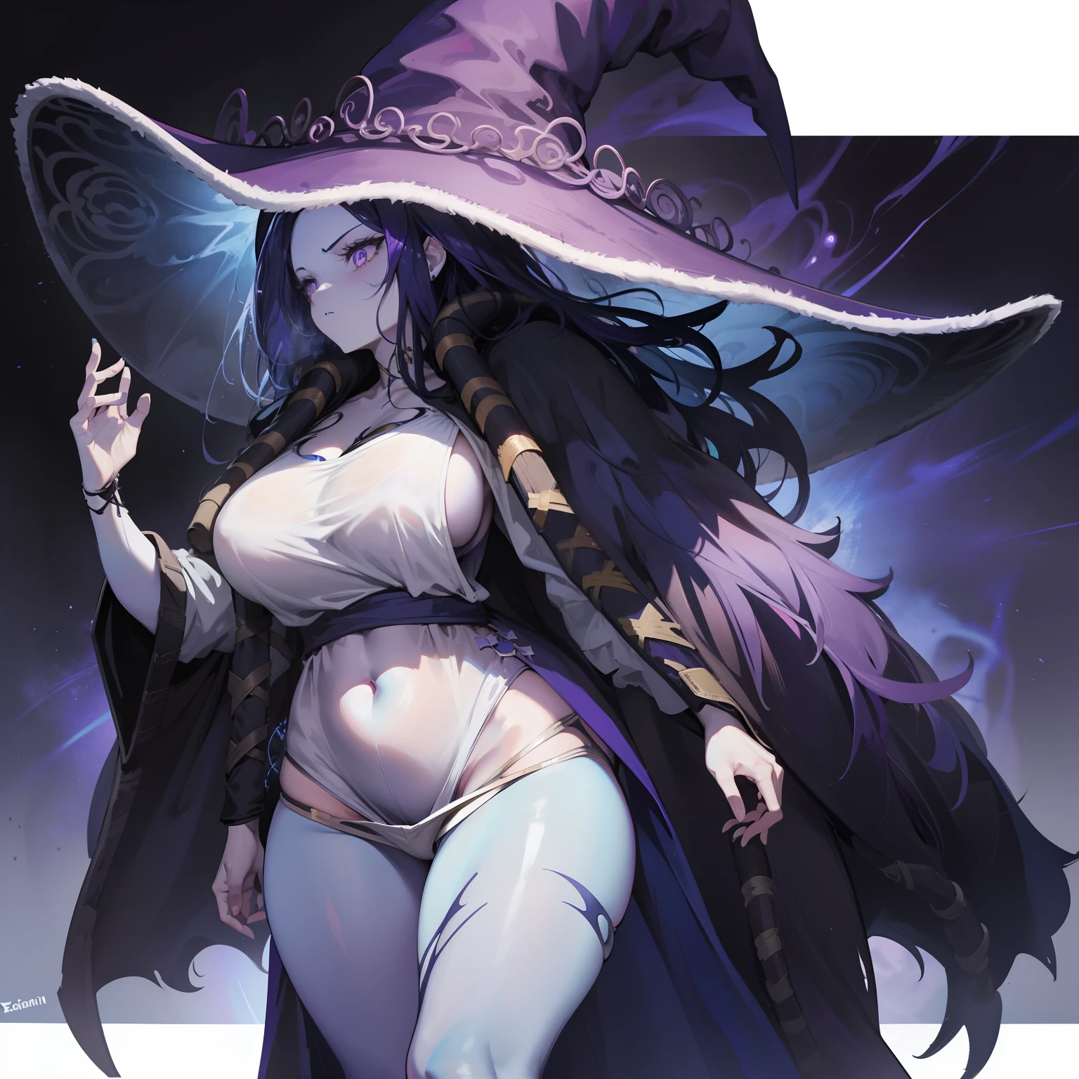 Ranni, Elden Ring, Blue skin, purple hair, purple eyes, big witch hat, oversized tee shirt that goes to knees, baggy shirt, standing up, blank background, curvy outline, large chest, thick thighs, slim waist, toned body, beautiful, HD