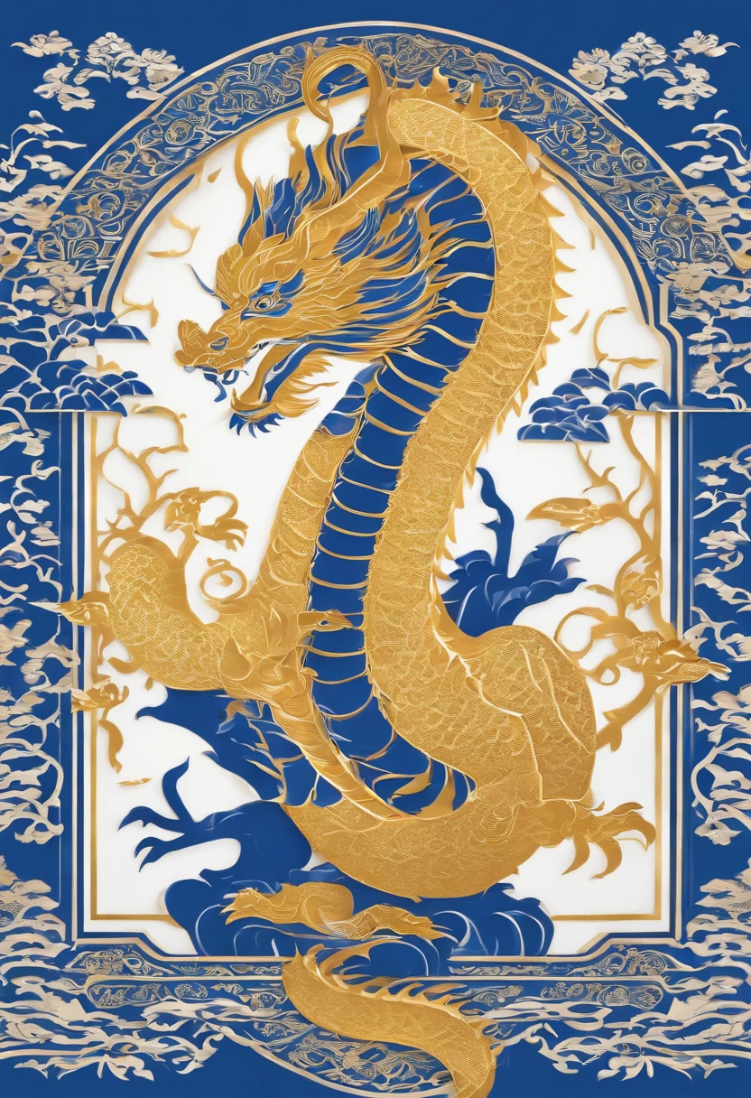 A blue and gold dragon with a gold border on a blue background - SeaArt AI