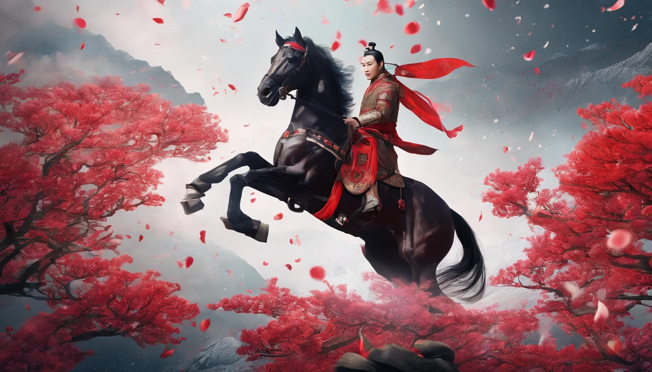 In Merlin,Falling petals and snow are the background,Bright lighting,Zodiac horses are the theme,Wearing Tang Dynasty accessory saddle,Red firecrackers,Chinese knot,No Man