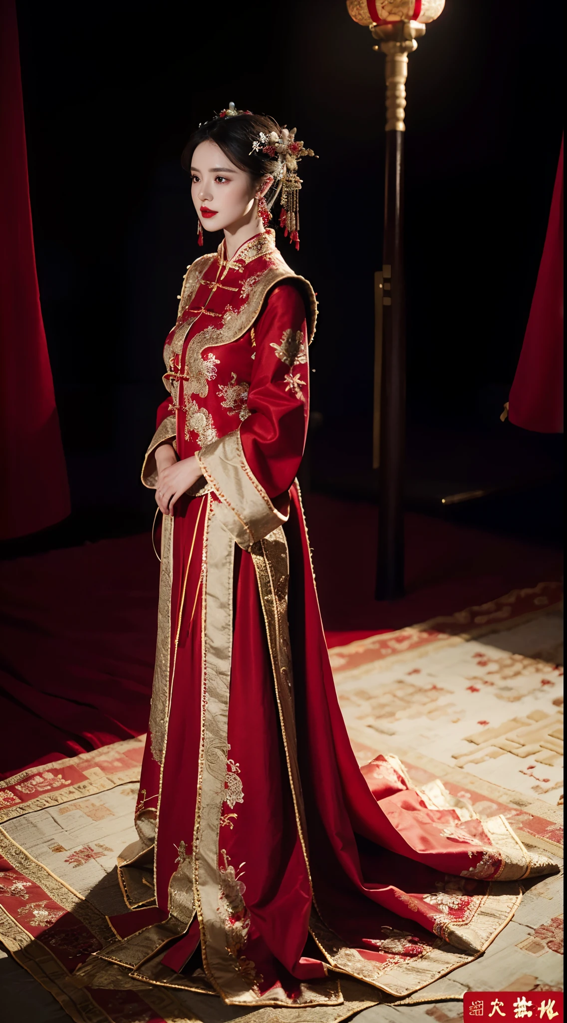 Realistic 8K CG: 1.2), Perfect artwork, delicate patterns, Intricate details, (Unbeatable masterpiece, Best quality: 1.2), (Extremely complex: 1.2), A woman in a red and gold dress, (Stand in the room), Makeup, Blush, Shyness, White hair, Looking down, cosmetics, (forehead dot), (2 red candles), Chinese_clothes, Curtains, Earrings,Hanfu, interiors, jewelry, Red nails, Long_Sleeves, Red dress, Red lips, nipple tassels, (Red quilt), (red palace: 1.2), (Ancient Chinese architecture), (Red: 1.8), Night,Full body photo,中景 the scene is