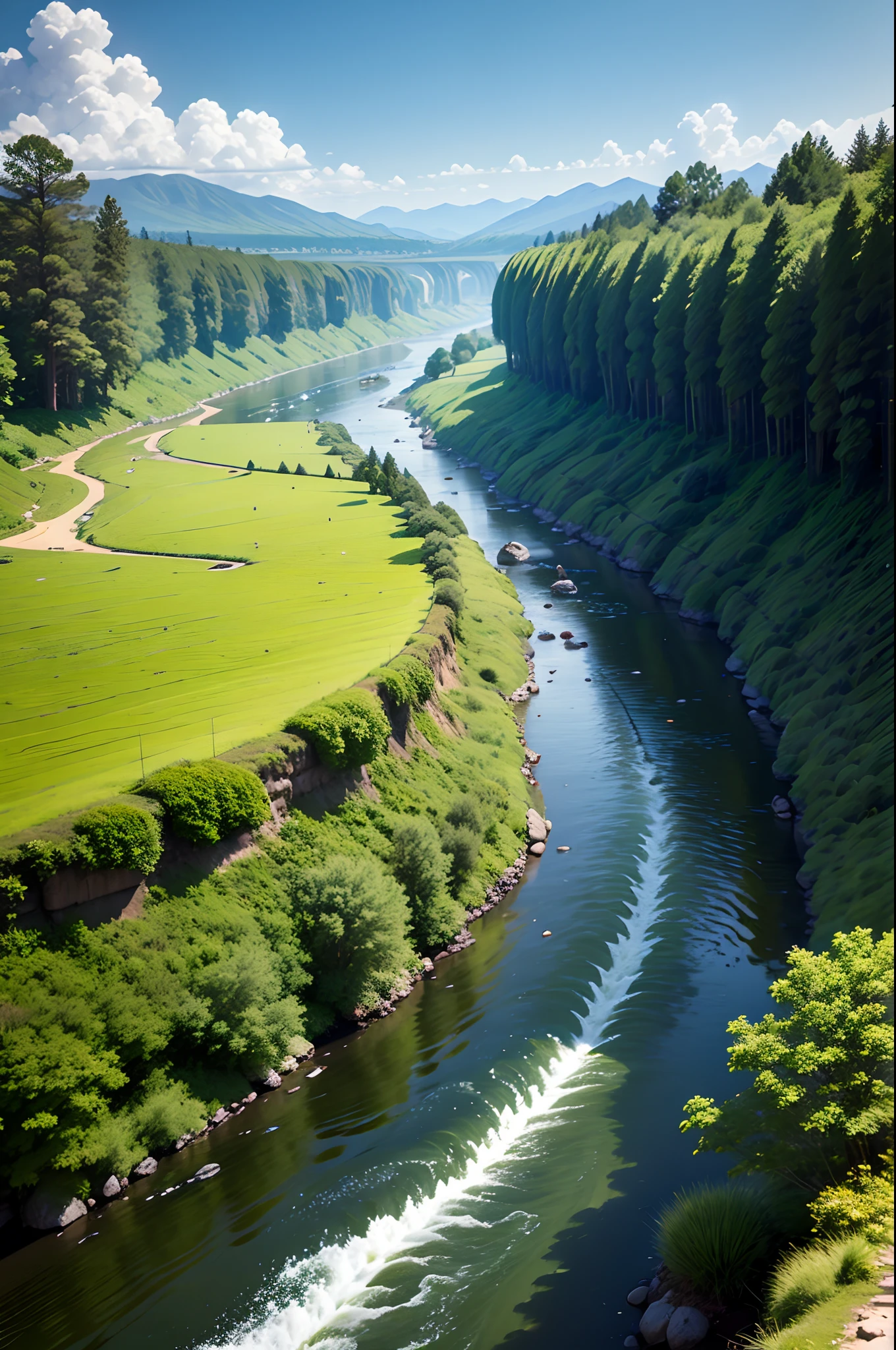 Meandering river,The river flows from left to right,down view,cartoony