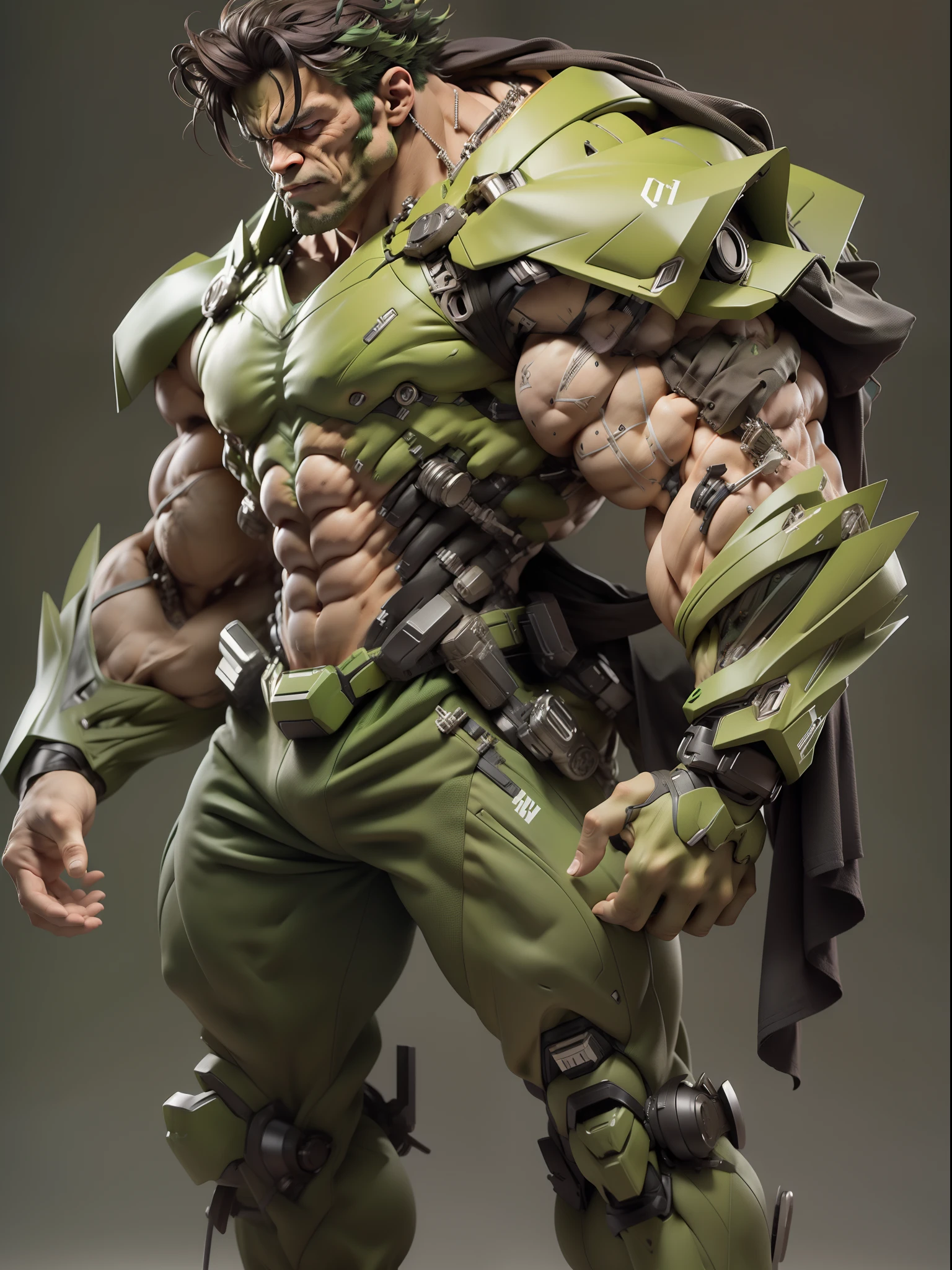Medium shot of incredible hulk green skin, wearing cyborg mecha suit, hyper realistic, complex muscle, complex parts, masculine character, bulky, very muscular