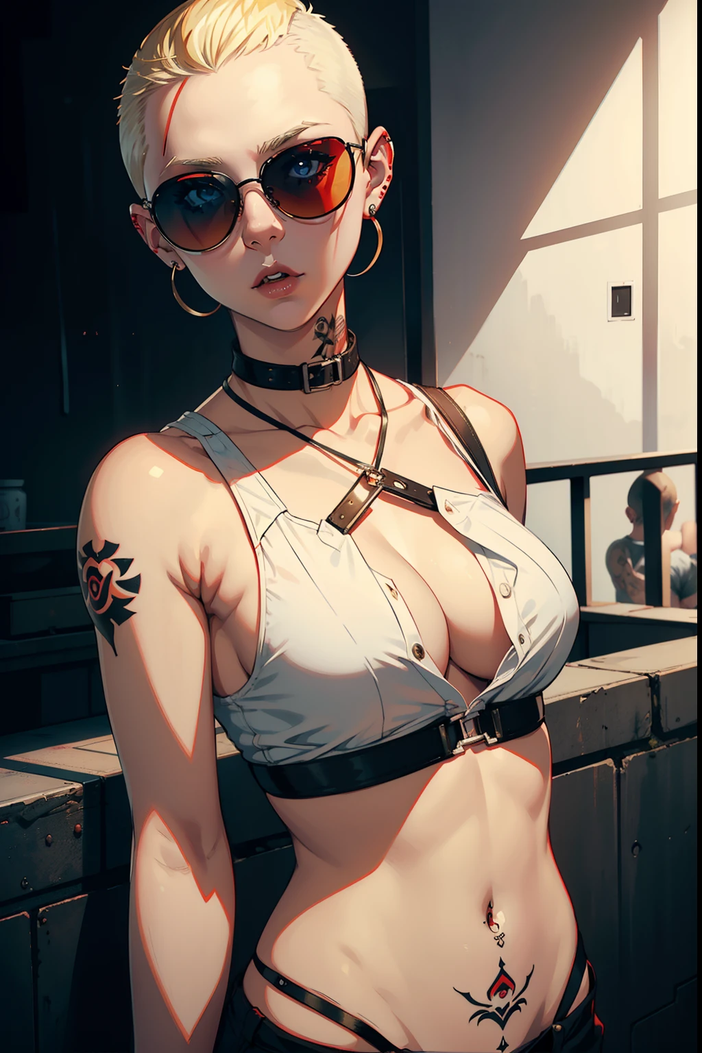 young girl, blonde hair, shaved haircut, bald blond hair, masculine haircut, riley nixon haircut, very short hair, white shirt, tattoo on right arm, red moon tattoo, sun glasses, face piercing, Black lipstick, 4k