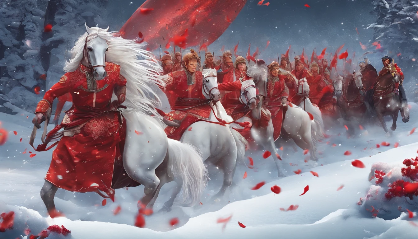 In Merlin，Falling petals and snow are the background，Bright lighting，Zodiac horses are the theme，Red saddle，Red firecrackers，Chinese knot，No Man
