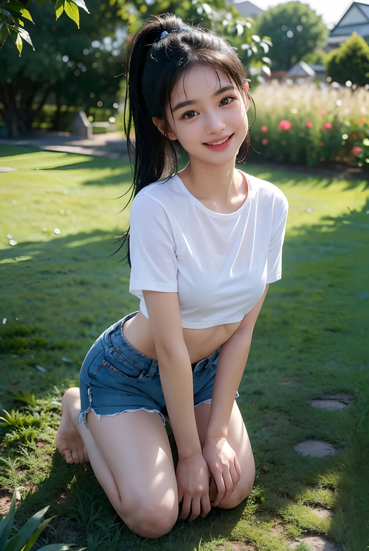 (masterpiece, highest quality:1.4), Award-winning portraits, 8k, 85mm, alone, Beautiful Face, Delicate girl,  (Cheerleader、On the grass), Sophisticated, cute, 15 years old, RAW Photos, Confused, High resolution, Sharp focus, Background Blur、(((flat  、thin and delicate body、Childish atmosphere)))、Glossy short bob、Mole on the left cheek、 Dark blue eyes、the skirt is swaying in the wind、Hair swaying in the wind、sexy、flexible legs、naked、Angle shot from below、Sleeping on your back