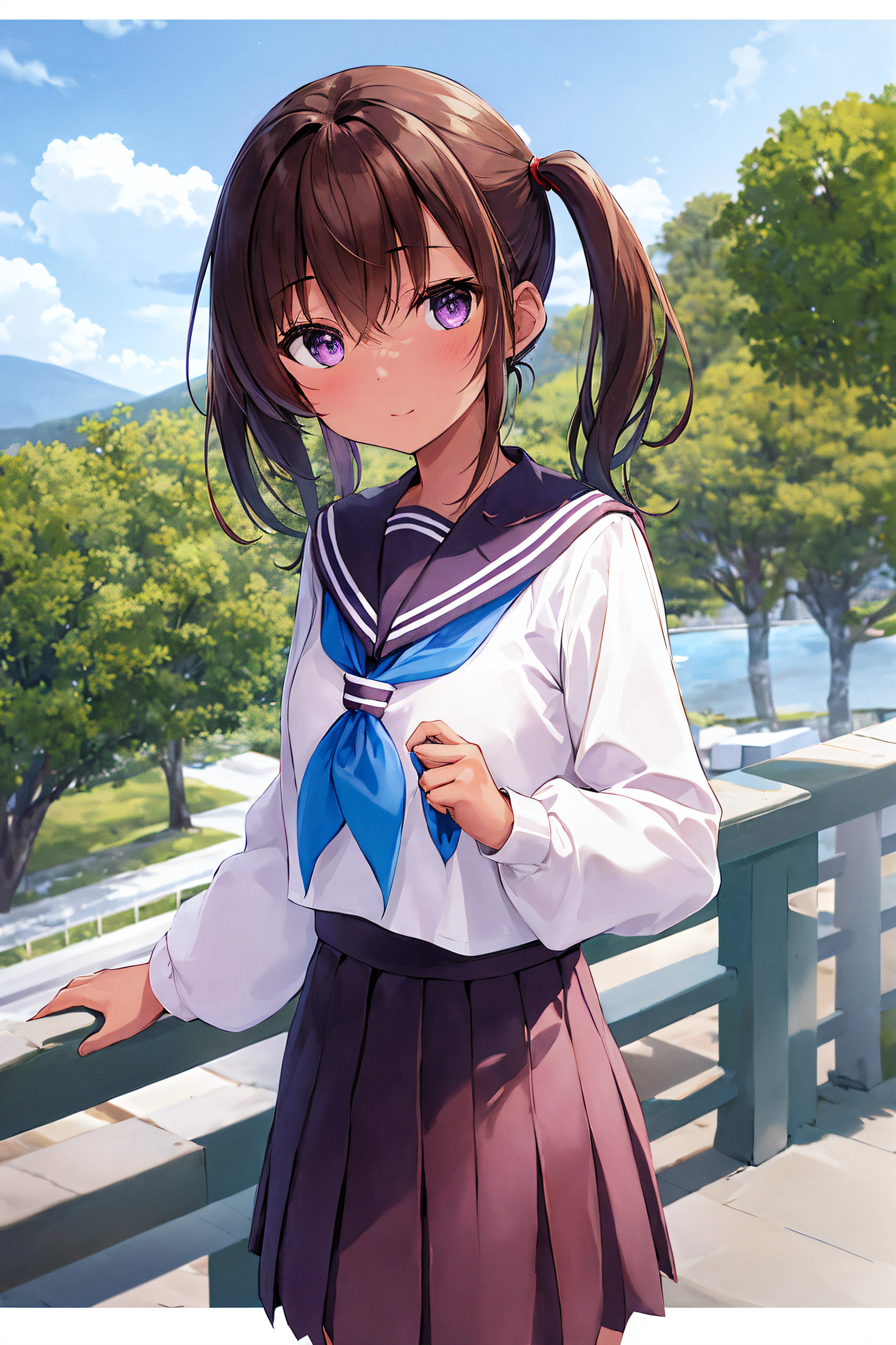 top-quality, 超A high resolution, (Photorealsitic:1.4), masterpiece, 1girl in, Brown skin color, 独奏、brown_school、Brown hair、skirt by the、Kitauji High School Uniform、poneyTail、serafuku、sailor collar、neckerchief、pleatedskirt、The shirt、Purple eye、long-sleeve、White Sailor Color、Blue neckerchief、Long、Tea Shirt、Brown skirt、bangss、cowboy shot