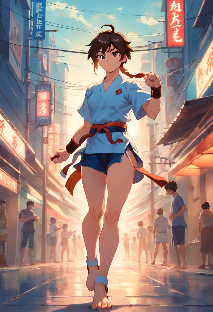 Ryu de streetfighter, (ao ar livre), treinamento de artes marciais, forte, mamilos, coxas, virilha e pose sexy