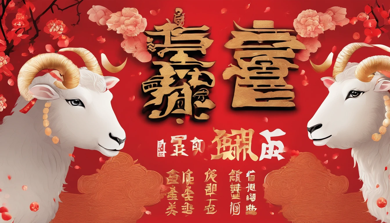 In Merlin，Falling petals and snow are the background，Bright lighting，The zodiac sheep is the subject，Wearing Tang dynasty costumes，Red firecrackers，Chinese knot，No Man