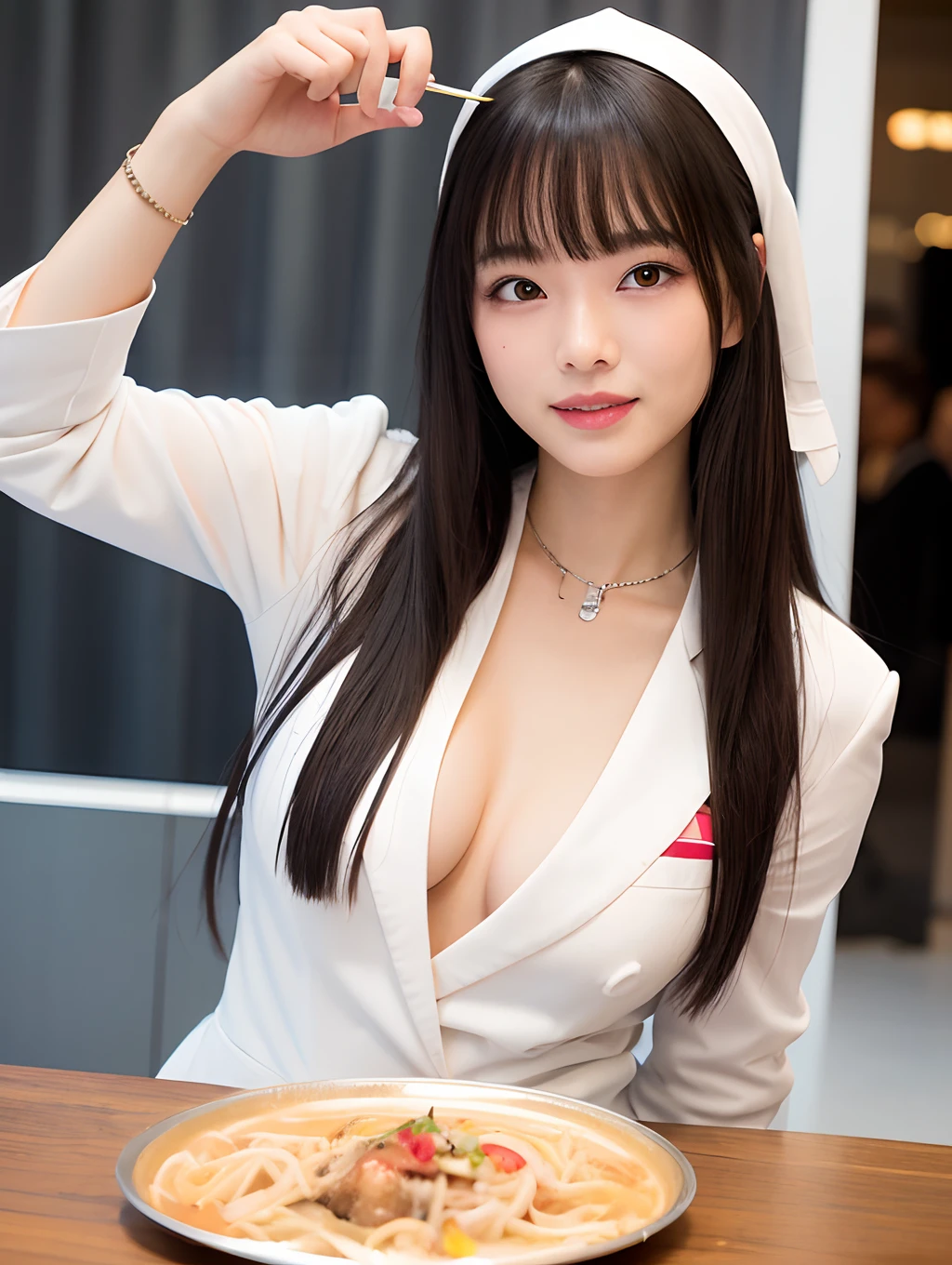 nikon RAW photo,8 k,Fujifilm XT3,masterpiece, best quality, High Fashion Encounter: A 22-year-old Taiwanese woman with beautiful long black hair and straight bangs, her eyes twinkling with mischief; she is sensually enjoying her ramen, but in a charmingly clumsy manner; noodles are spilling from her slightly parted, glossy lips, falling onto her immaculate white suit, staining it; her delightful smile and carefree enjoyment of the meal overshadow this minor mishap, adding a touch of sexy and goofy charm to the scene.