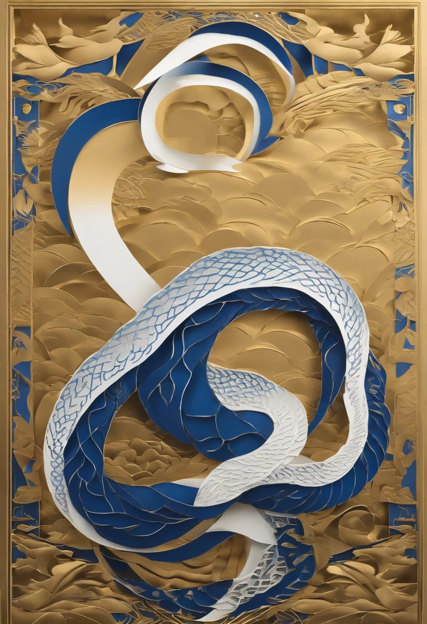 Paper Cuttings style,Year of the Snake,Golden, blue, white,، simple,Commercial posters,delight