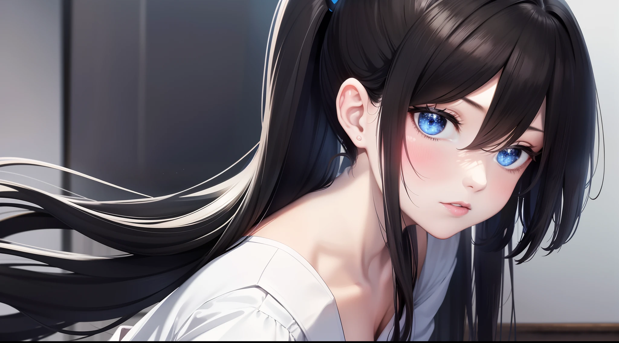 solo, 1 adult woman, ponytail black hair, sparkling blue eyes, realistic, white shirt, black skirt, 8k resolution, focused upper body shot, standing, ultra-detailed, masterpiece, highest quality, at school, pov, blush