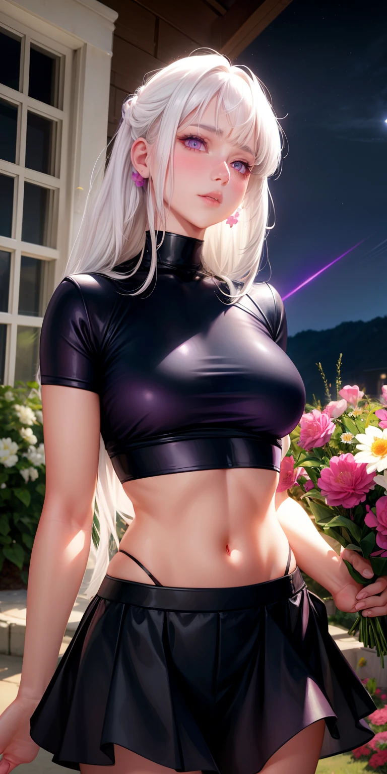 realistic, 1girl, white hair, purple eyes, glowing eyes, crop top, skirt, parted lips, blush, night, flowers, sun, sunlight,