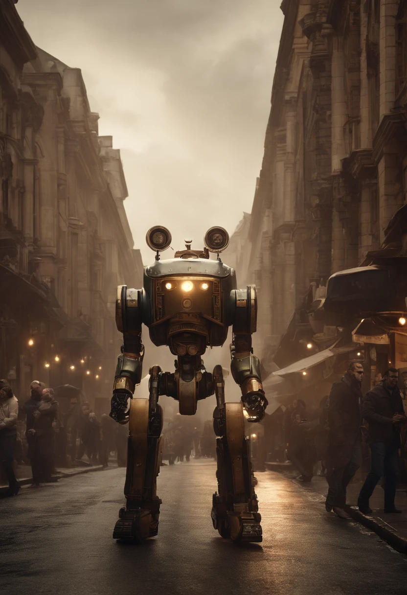 There are many robots walking down the street in this photo, eve ventrue, filme ainda do filme, Smogpunk, army of robots, trending on 500px, inspirado em Mirabello Cavalori, motocicleta steampunk, Trend in Artstattion, Directed by: Ryan Barger, Captura widescreen, inspired by Tadeusz Pruszkówski , crie cenarios com essa imagem