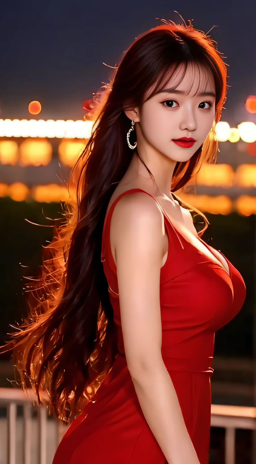 top-quality。８K-Picture。Ultra-high pixel。The background is the city at night。girl with。hair is long and slightly wavy,,,,,,,,,,,,,。The color is dark brown。Glamour style、((amazingly massive breasts：1.8))。wearing red dress、Photos dancing brilliantly。Delicate finish overall。The body line is gorgeous。legs are long、Wear red high heels。Hair shines like a reflection of the street。The eyeball reflects the surrounding landscape。The skin is wet with night dew。Almost perfect woman。