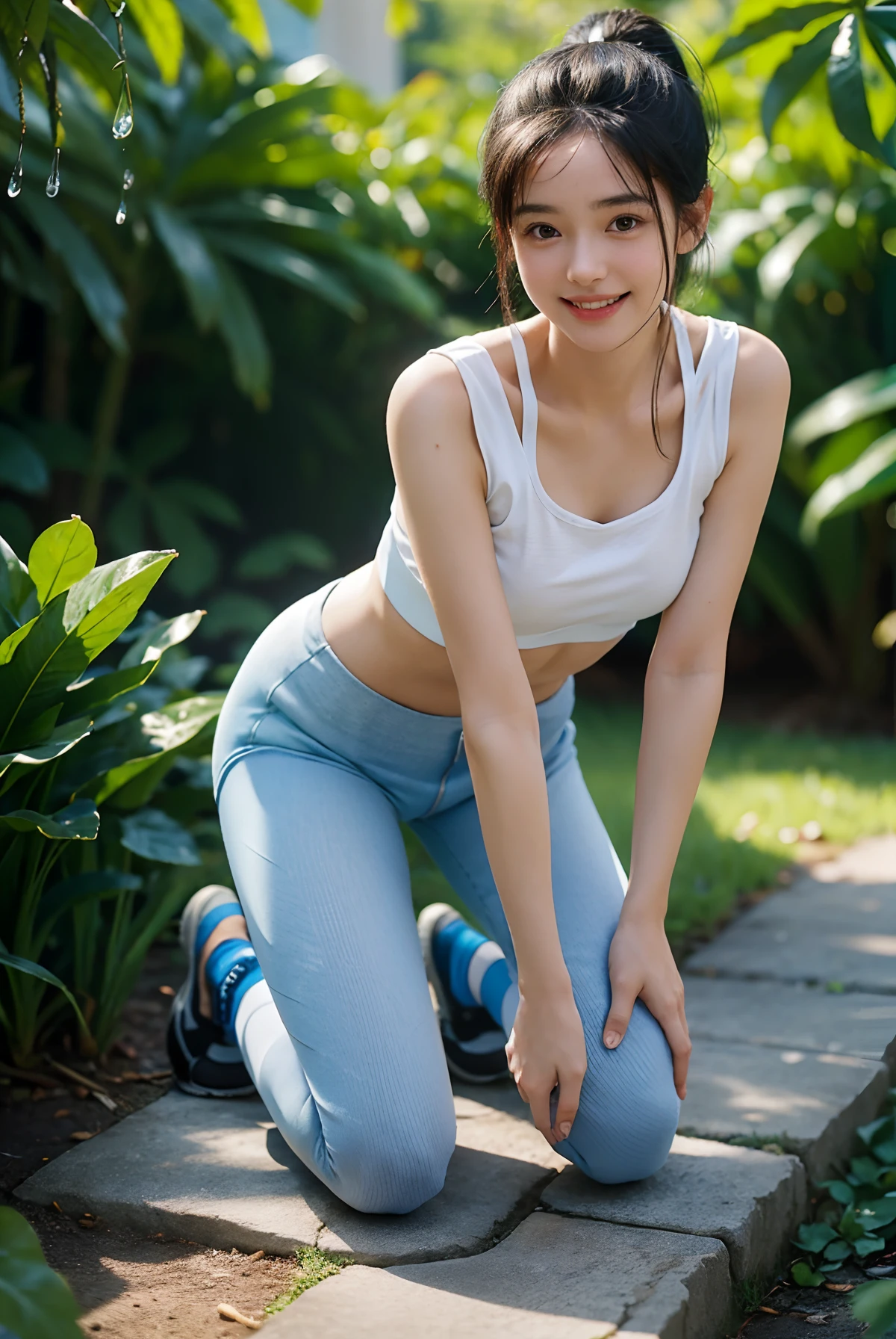 A girl, kneeling on the garden ground earth, ((full body visible)), 
She is a beautiful, pretty, adorable, cute, young, .
She is slim, slender, petite, skinny, (flat chest), (tiny boobs), (small breasts).
She is sweating, wet, soaked. Clothes transparent, sweat on skin, wet hair.
She is grinning, smiling. She looks natural, relaxed, unpretentious.
She stares, looking at viewer.
She has a black ponytail.
She wears school uniform, a rolled-up white shirt with blue collar, a colored Corduroy sport bra under shirt, blue shorts, wearing two layers. 
shirtlift, . (((She lifts up her shirt, showing off her sports bra underneath))).
Camera focused on her face, light on face, very large aperture, ((f/1.2)), shallow depth-of-field, strong background lens blur,  ISO 3000, auto white balance, 
Extremely detailed, professional lighting, soft light, raw photo, fashion model for uniqlo,
best quality, masterpiece, award-winning photography, huge filesize, 8k, highres,
shot on Sony DSLR. Happy smile, in bed, jungle, botanical garden, beach