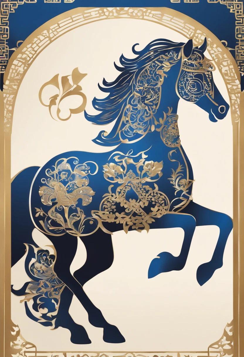 Paper Cuttings style,The Year of the Horse is prosperous,Golden, blue, white,، simple,Commercial posters,delight