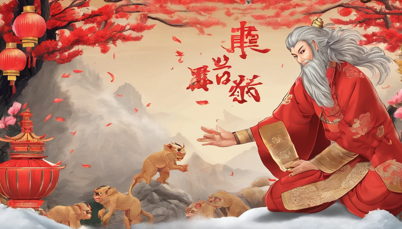 In Merlin，Falling petals and snow are the background，Bright lighting，The golden monkey of the zodiac is the theme，Wearing Tang dynasty costumes，Red firecrackers，Chinese knot，Only animals