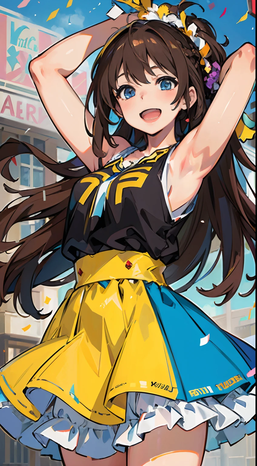 (Masterpiece:1.5), illustration, 4K, 8K, (High quality:1.1), Highly detailed, Detailed face, hdr, Vivid colors, Natural lighting, pretty eyes, Detailed eyes, Colorful eyes, Beautiful face, Long hair, Messy hair, Brown hair, Double up braid, scrunchie, hair adornments, cheer leader, Sleeveless, T-shirt, pompons, cheer, Stand by the main road, Arms spread wide, ((Confetti)), Smile, Open mouth, establishing shot