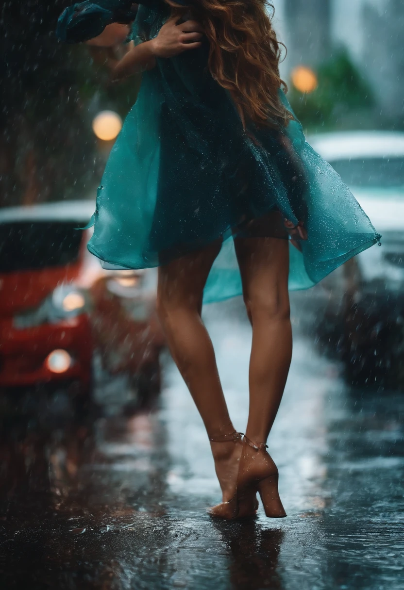 Wet rain　opening legs　prety woman　Transparent