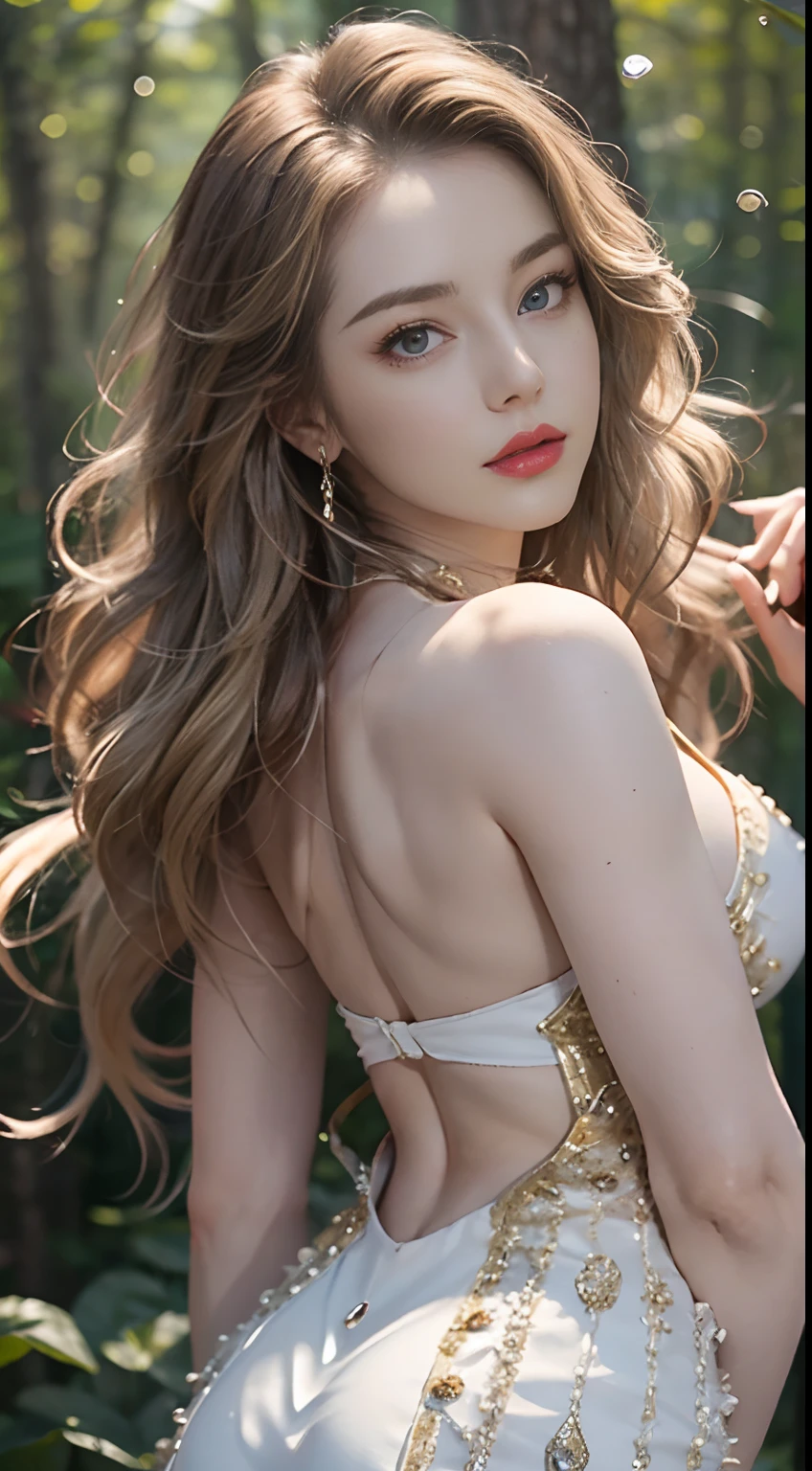 (Best Quality, 8K, 32K, masutepiece, nffsw:1.3), ultra-detailliert, Best Quality, Photorealistic, face of elsa hosk, (Colossal tits:1.5), (Big ass:1.4), bubble butts, Perfect body, hyperdetailed face, Detailed lips, tight butt, small legs, Light blue eyes, golden blonde wavy hair, Red lips, a captivating gaze, Blonde Scandinavian goddess, Wind, wind blown hair, In a thin white dress with deep cleavage, wearing sexy, Dynamic Pose, Sexy Pose, agitation, turned on, Volumetric lighting, Forest path background