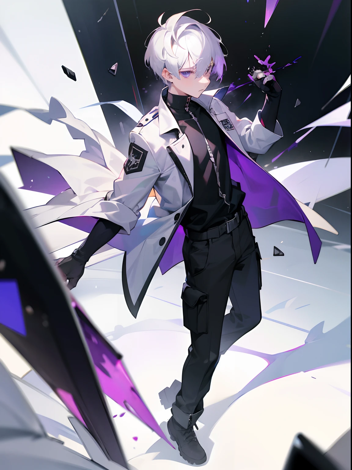 1boy, short white hair, purple eyes, wearing a white jacket, black cargo pants, sad, shattered glass, absurdres, high res, ultrasharp, 8k, masterpiece