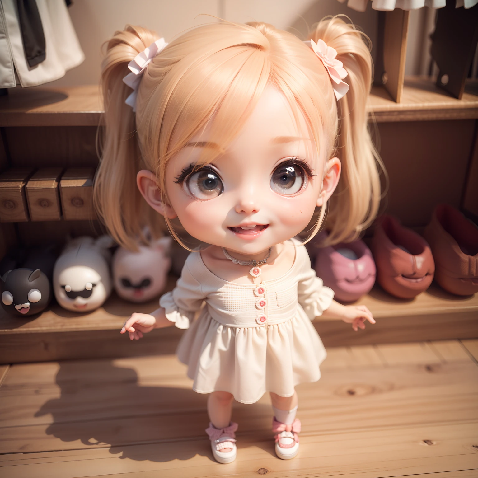 Cute Baby Chibi Anime,(((Chibi 3D))) (Best Quality) (Master Price)、fashion modell、Chibi Keitai Shop、Open your mouth and smile、A detailed face、Standing、Beige hair