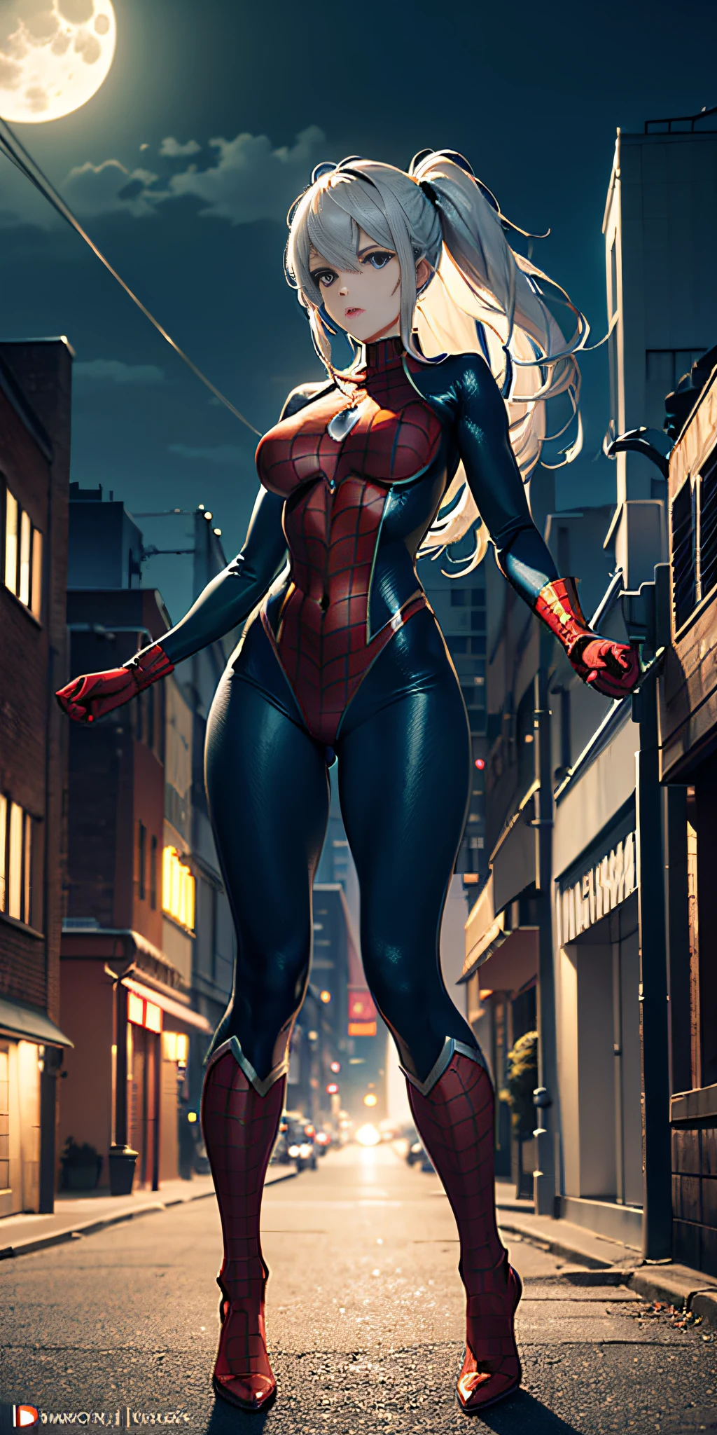 (Masterpiece, 4k resolution, ultra-realistic, very detailed), (White superhero theme, charismatic, there's a girl on top of town, wearing Spider-Man costume, she's a superhero), [ ((25 years), (long white hair:1.2), full body, (blue eyes:1.2), ((Spider-Man pose),show of strength, jumping from one building to another), ((sandy urban environment):0.8)| (cityscape, at night, dynamic lights), (full moon))] # Explanation: The Prompt mainly describes a 4K painting of ultra-high definition, very realistic, very detailed. It shows a superheroine at the top of the city, wearing a Spider-Man costume. The theme in the painting is a white superhero theme, the female protagonist has long white hair, is 25 years old and her entire body is shown in the painting. In terms of portraying the actions of superheroines, spiders are employed