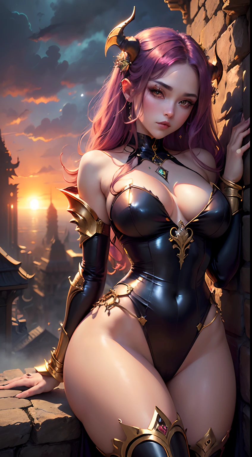 ((Need)), ((tmasterpiece)), (A detailed), Enchanting succubus, Sexy beauty, Perched in clouds, (fantasy illustrations:1.3), Seductive gaze, captivating posture, tight top, Wearing one-piece gold armor,otherworldly charm, Mysterious Sky, Strange sunset burning clouds,Chibi Ancient City,Large portrait building。