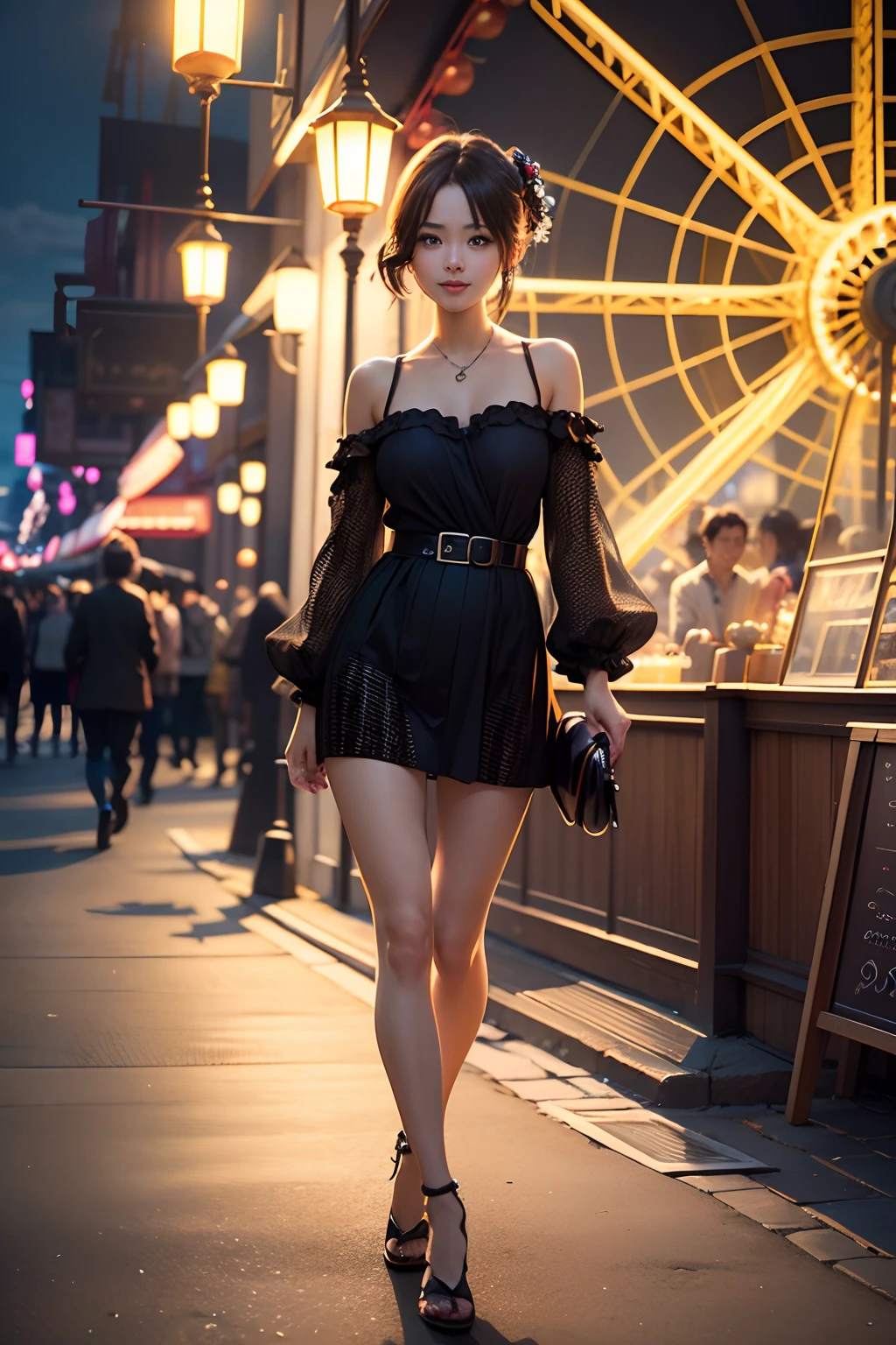 (8K、top-quality、超A high resolution、masterpiece:1.2)、(Photorealsitic:1.4)、(detailed skins:1.3)、1人、Beautiful model at 18 years old、Perfect Style、Beautiful Japan actress、Fashionable clothing、Trendy clothes、(Detail Eye) 、A smile、(Night amusement park、Lit up、illuminations)、Luminous balloon、Happiness、the Ferris wheel、merry-go-round、rollercoaster、Elaborate CG 8K wallpapers、(dynamicposes:1.2)、full body Esbian、beautiful lighting、profetional lighting、(foco nítido)