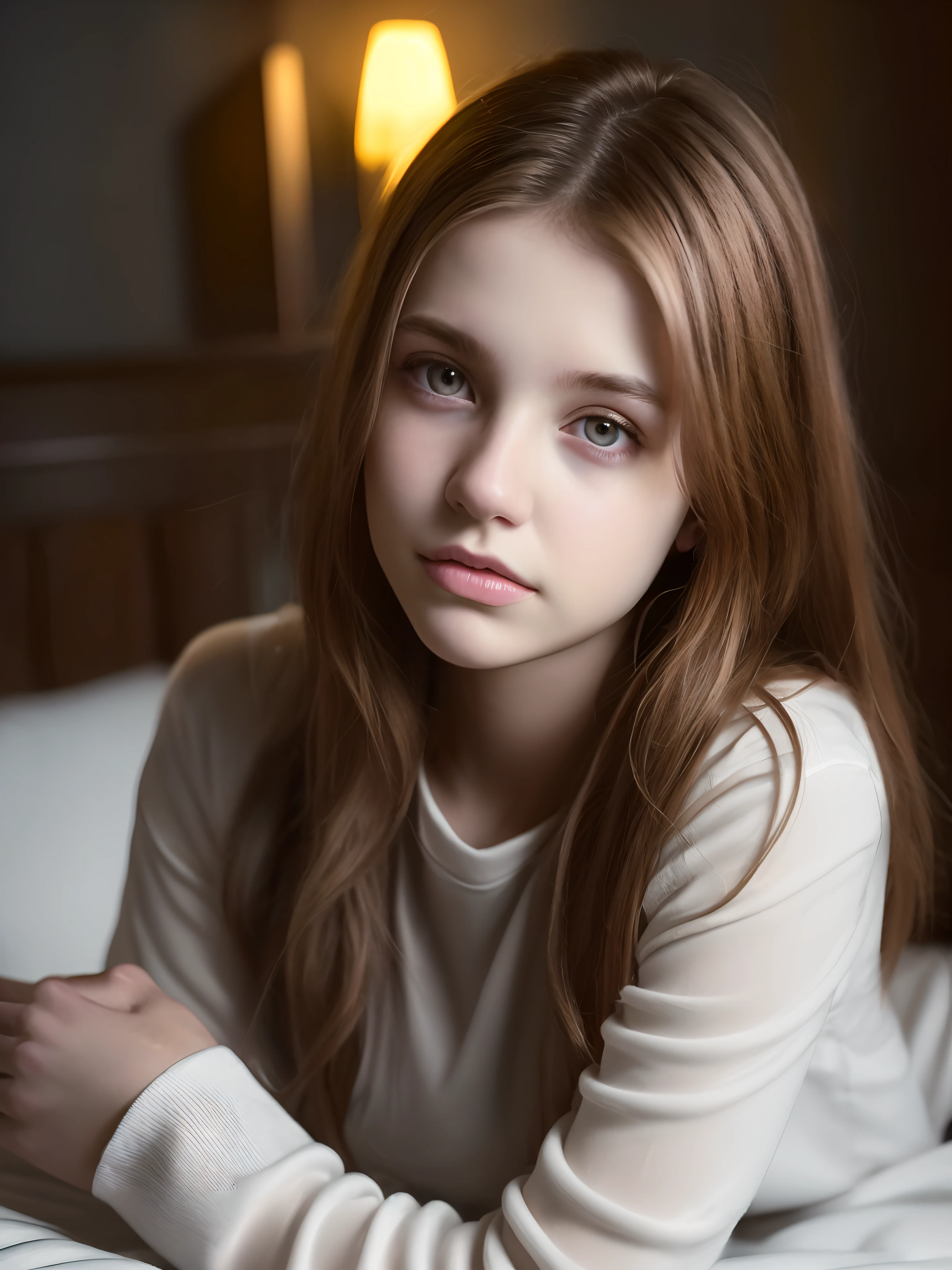 Portrait of an 18 year old cute beautiful perfect face petit teen, she is happy, very beautiful Russian, raw, in bed, (dark private study, dark and moody light: 1.2), new character