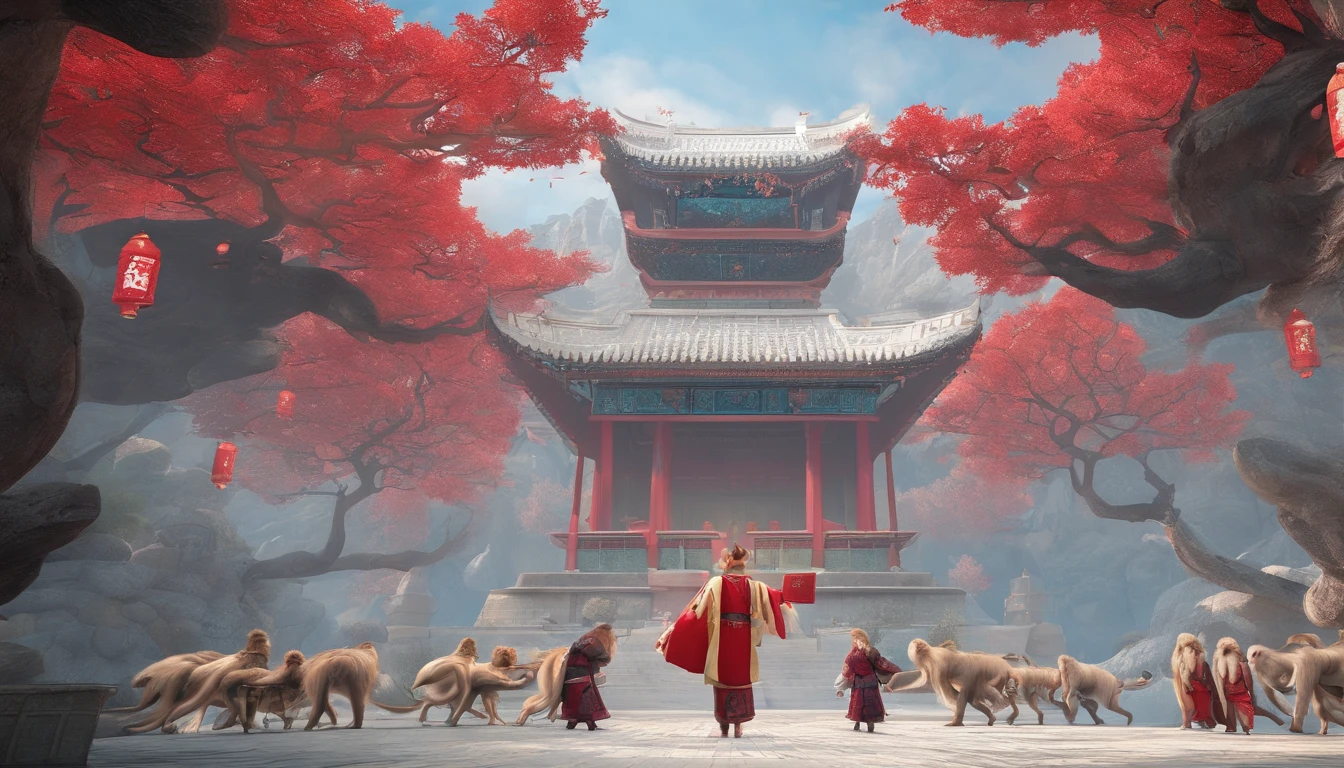 In Merlin,Falling petals and snow are the background,Bright lighting,The golden monkey of the zodiac is the theme,Wearing Tang dynasty costumes,Red firecrackers,Chinese knot,The only animal is the golden snub-nosed monkey,No Man