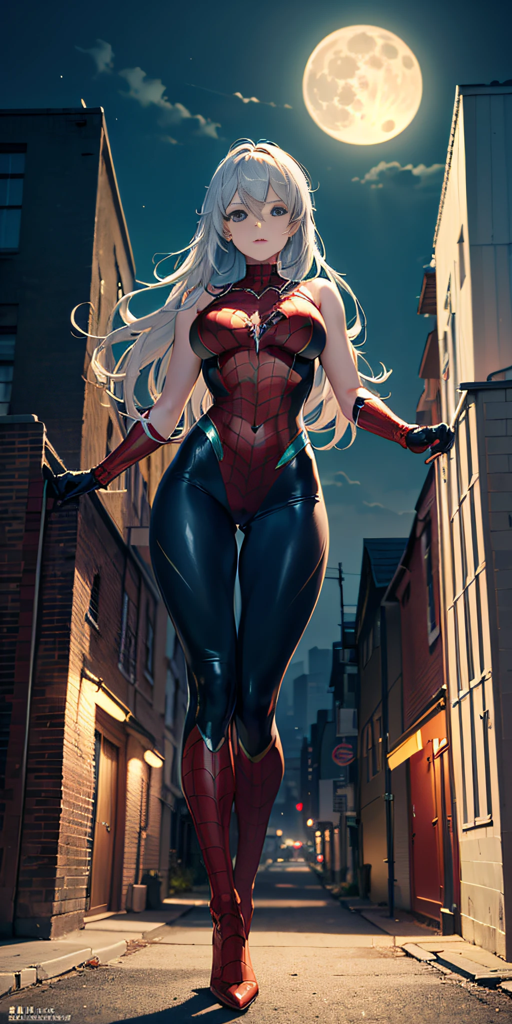 (Masterpiece, 4k resolution, ultra realistic, very detailed), (black + fluorescent green superhero theme, charismatic, there is a girl at the top of the city, dressed in the Spider-Man costume, she is a superheroine), [ ((25 years), (long white hair: 1.2), slim build, full perfect body, (blue eyes: 1.2), ((very daring pose), (cityscape, at night, dynamic lights), (full moon)))]