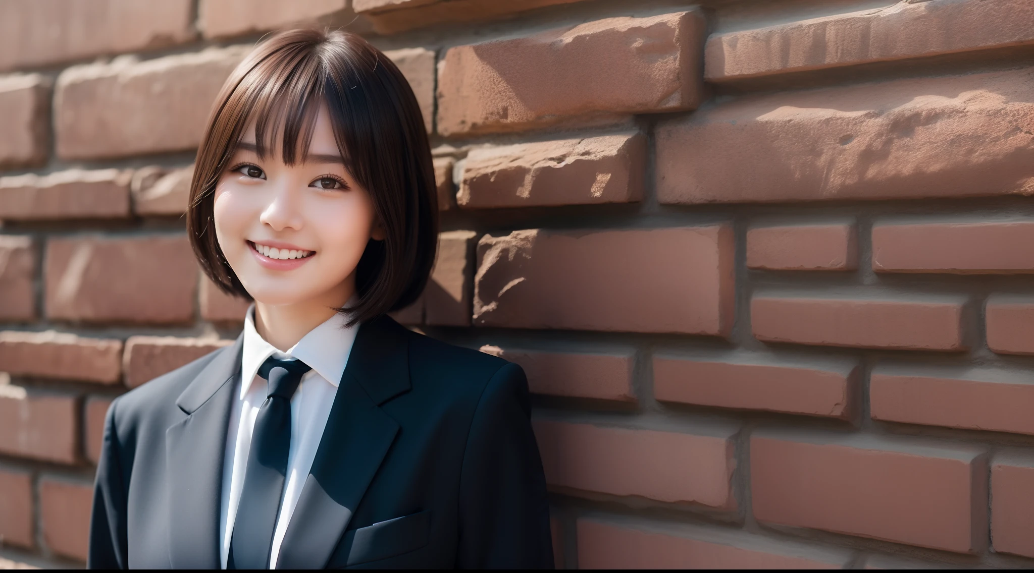 girl with, 独奏, A smile, Dressed in a suit, Brick wall background, top-quality, masterpiece, Realistic, ultra-detailliert, natural soft light