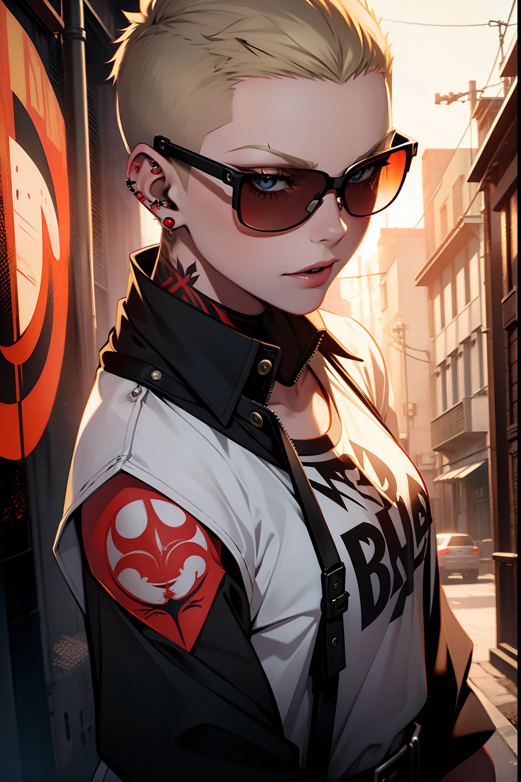 young girl, blonde hair, shaved haircut, bald blond hair, masculine haircut, riley nixon haircut, very short hair, white shirt, tattoo on right arm, red moon tattoo, sun glasses, face piercing, Black lipstick, 4k